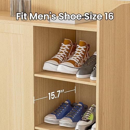 Miniatura 3 de DIYART Armario de almacenamiento de zapatos de roble que se ajusta hasta el tamaño de zapato 16, armario de zapatos de 5 niveles con puertas y