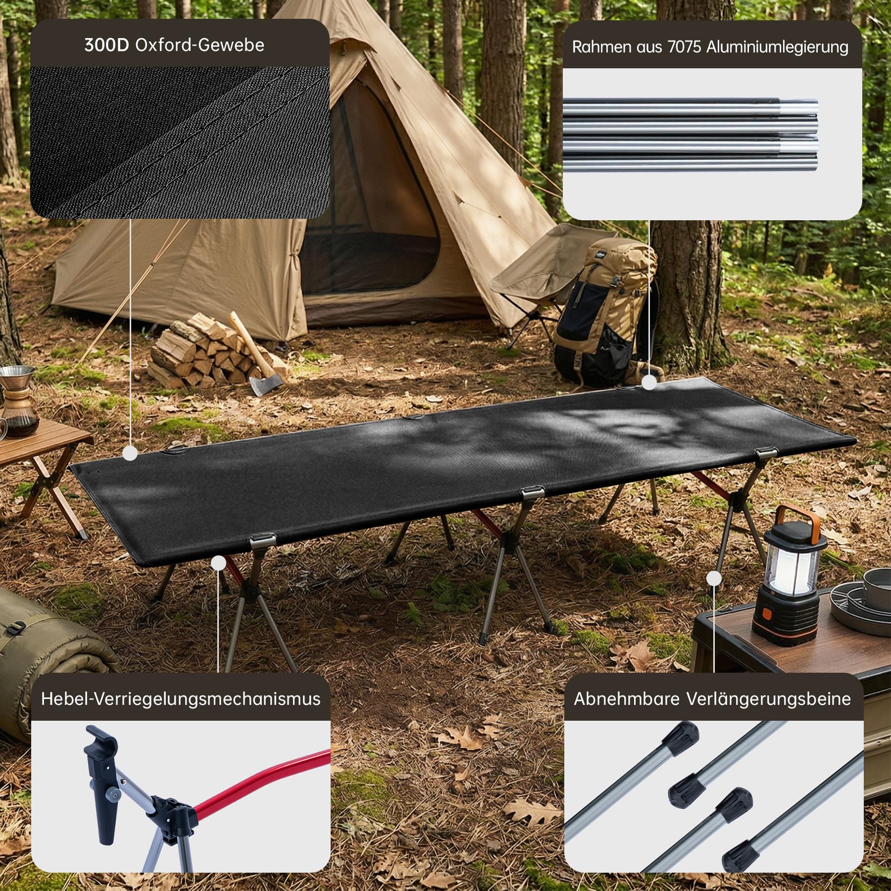 Campingbett Höhenverstellbares Backpacking-Bett mit Beinverlängerungen Ultraleichtes Klappbett für Camping, Wandern, Reisen