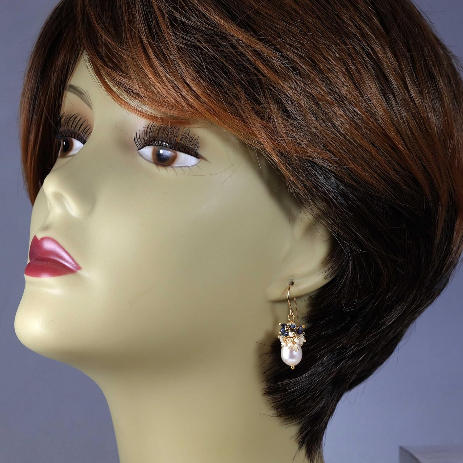 Freshwater Cultured Pearl Earrings White Potato Cluster Style Sterling Silver or 14k Gold Silvertone or Goldtone Accents with Semi Precious Blue Gemstones