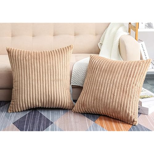 TangDepot, Set of 2 Soft Plush Velvet Big Striped Corduroy Solid Decorative Throw Pillow Covers, Square Pillow Covers - (16"x16" 2 Pieces, A19 Khaki)