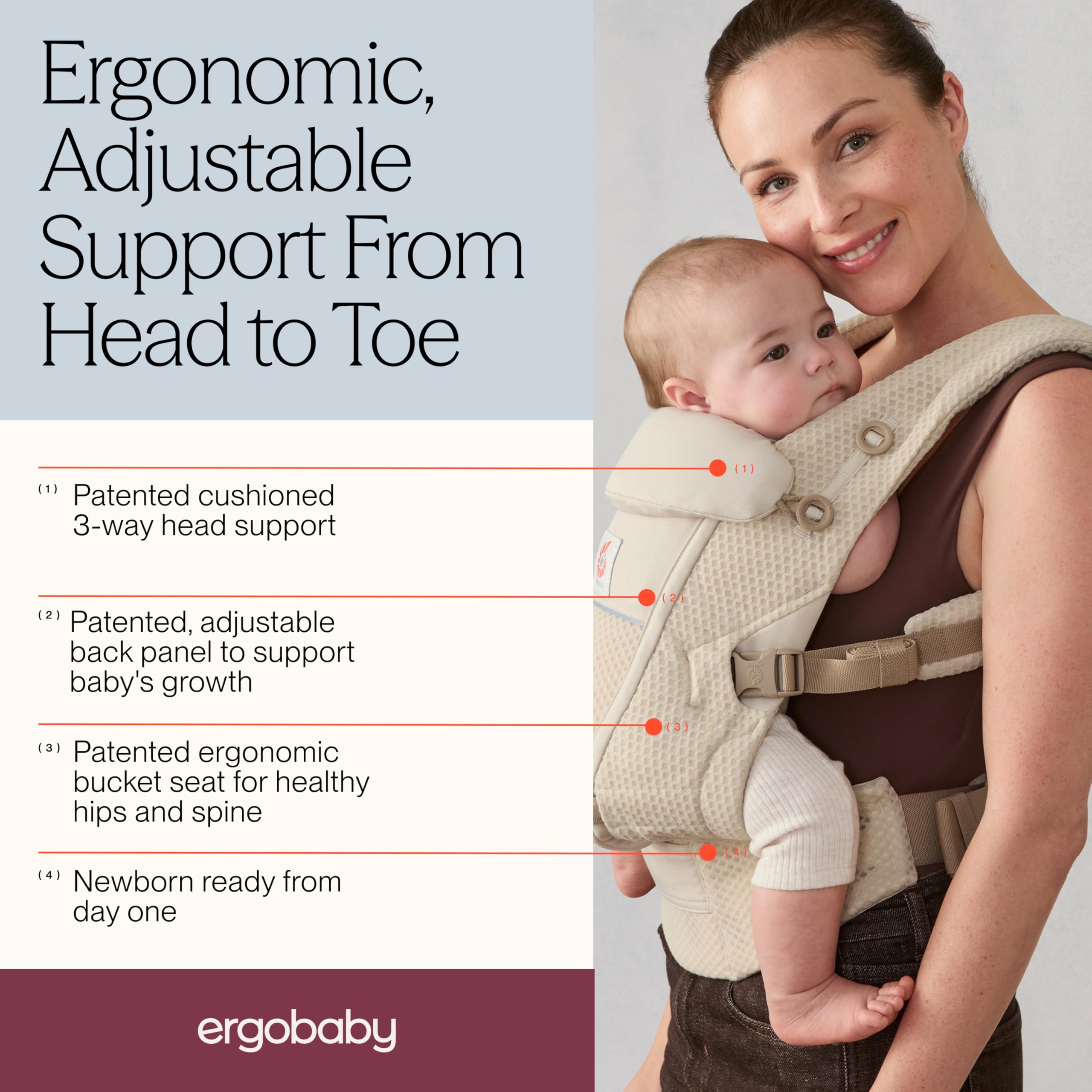 Ergobaby Adapt Nosidełko dla noworodków z materiału lnianego, z 3 pozycjami, ergonomiczny, nosidełko na brzuchu, naturalny len