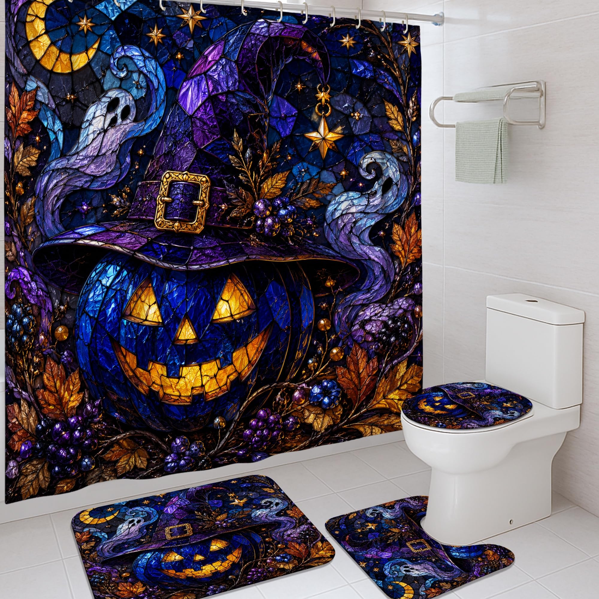 Rideau de douche citrouilles et tapis pour décoration de bain festive