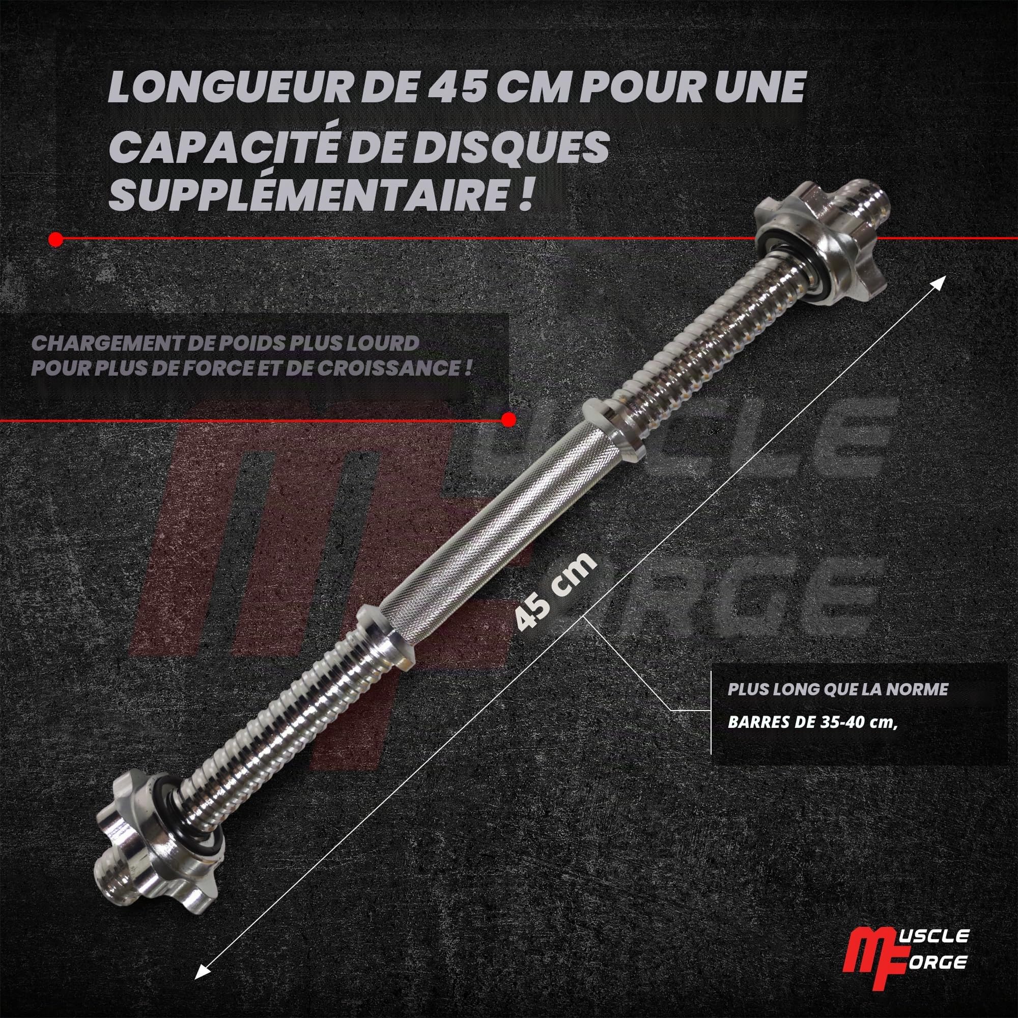 Barre d'haltères courte 45 cm chromée, poignée moletée antidérapante, 2 colliers étoiles – Tige filetée Ø 25-28 mm compatible disques fonte/caoutchouc – maison, curls, développé épaules