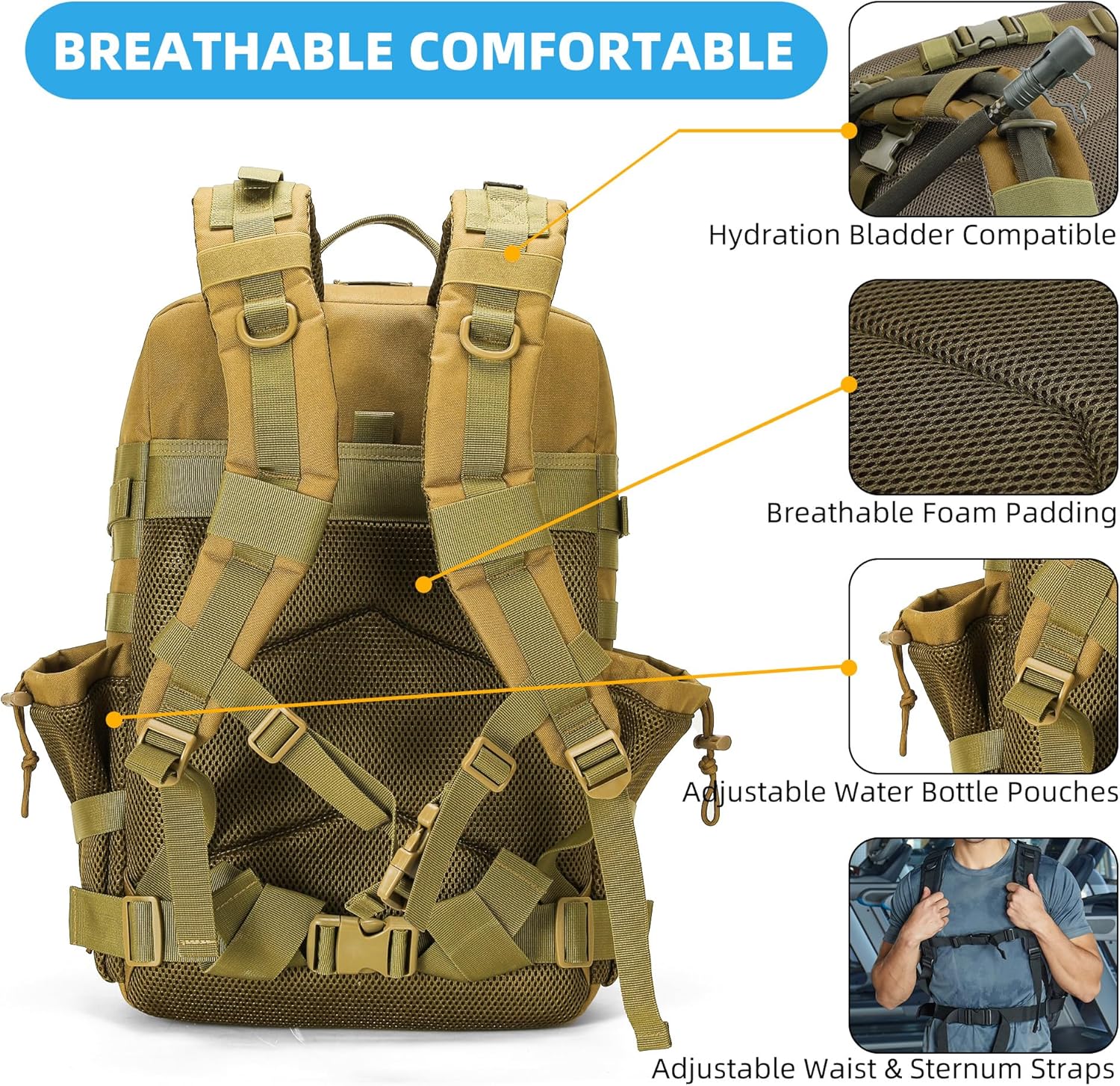 gracedon Tactical Backpack - Military Molle Bag 3 Days Pack for men and Women Large Assault Rucksack 45L (Khaki) - Image 4