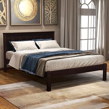 Espresso Bed Frame 300lb Heavy Duty, Hard Wood Twin Platform Bed with Headboard No Box Spring NeededEspresso,Twin Size