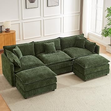 JIEXI Modular Corner Sofa Sectional, Oversized Deep Seat Fabric Couch with Moveable Ottoman, Reversible L-Shape/U-Shape Configurations, Modern Living Room Sofa Set Green 285CM - U-shaped
