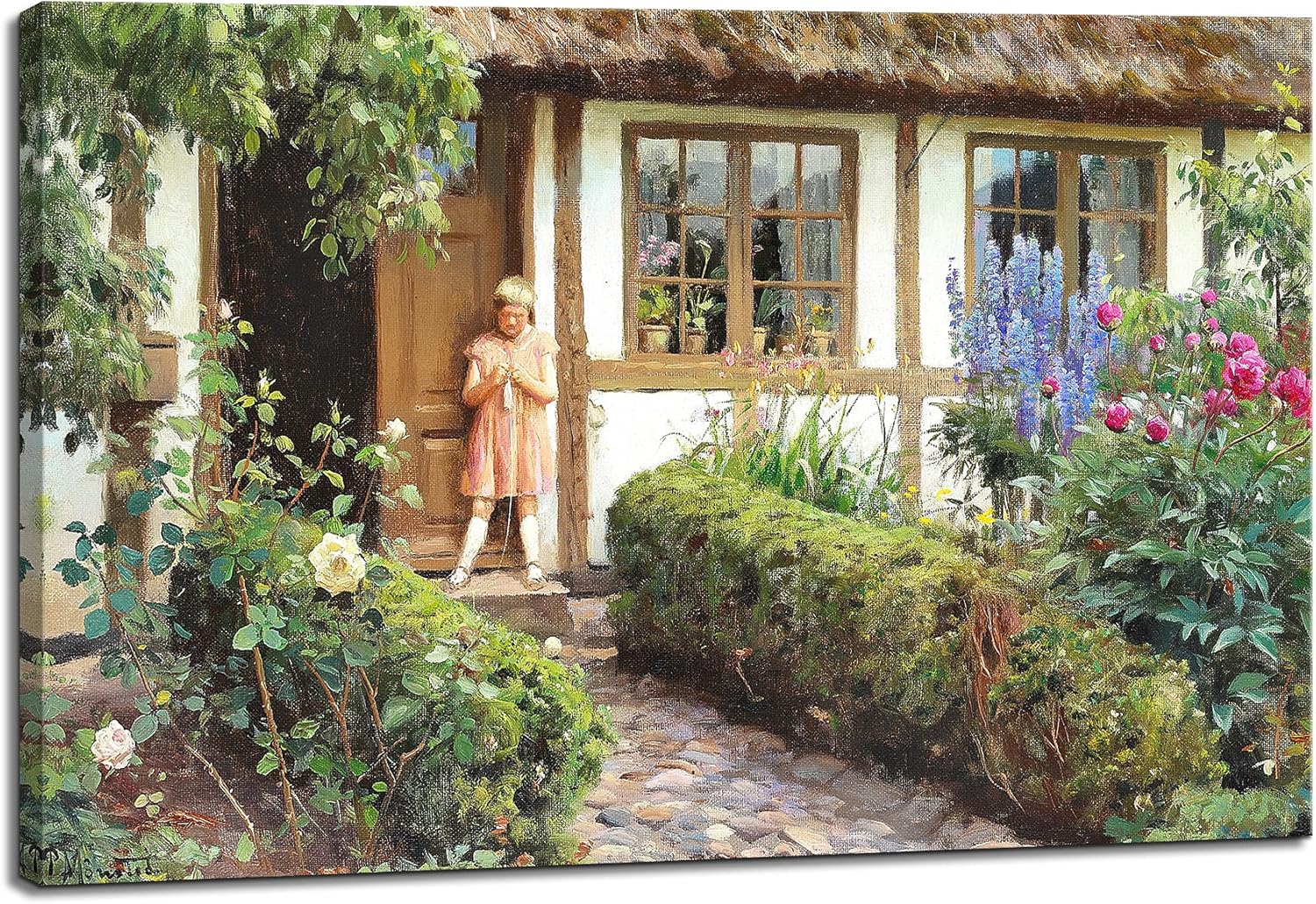 Canvas Print Wall Art - A Girl in a Pink Dress on The Step of a Farmhouse, 1930 by Danish Painter Peder Mørk Mønsted - 18x12 inches