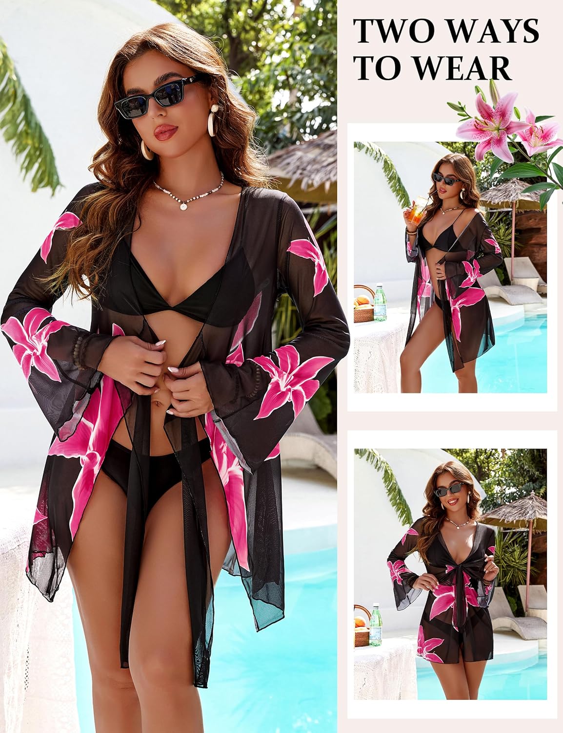 Blooming Jelly Womens Swimsuit Coverup Mesh Bathing Suit Cover Ups Swimwear Floral Long Sleeve Tie Summer Beach Dress - Image 4