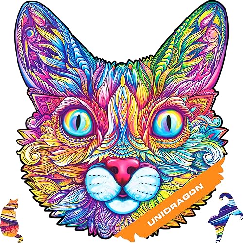 UNIDRAGON Rompecabezas de madera originales, gato impresionante, 100 piezas, pequeño 7.5 x 8.3 pulgadas, hermoso paquete de regalo, forma única, el