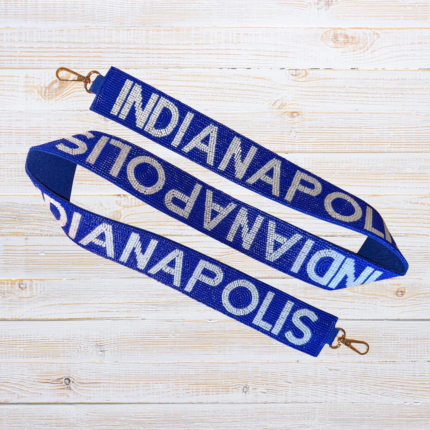 Lashicorn Indianapolis Blue Beaded Purse Strap White Letters 45” Pro Football Stadium Approved Clear Bag Gold Hardware Sports College Indiana Gifts Fans Game