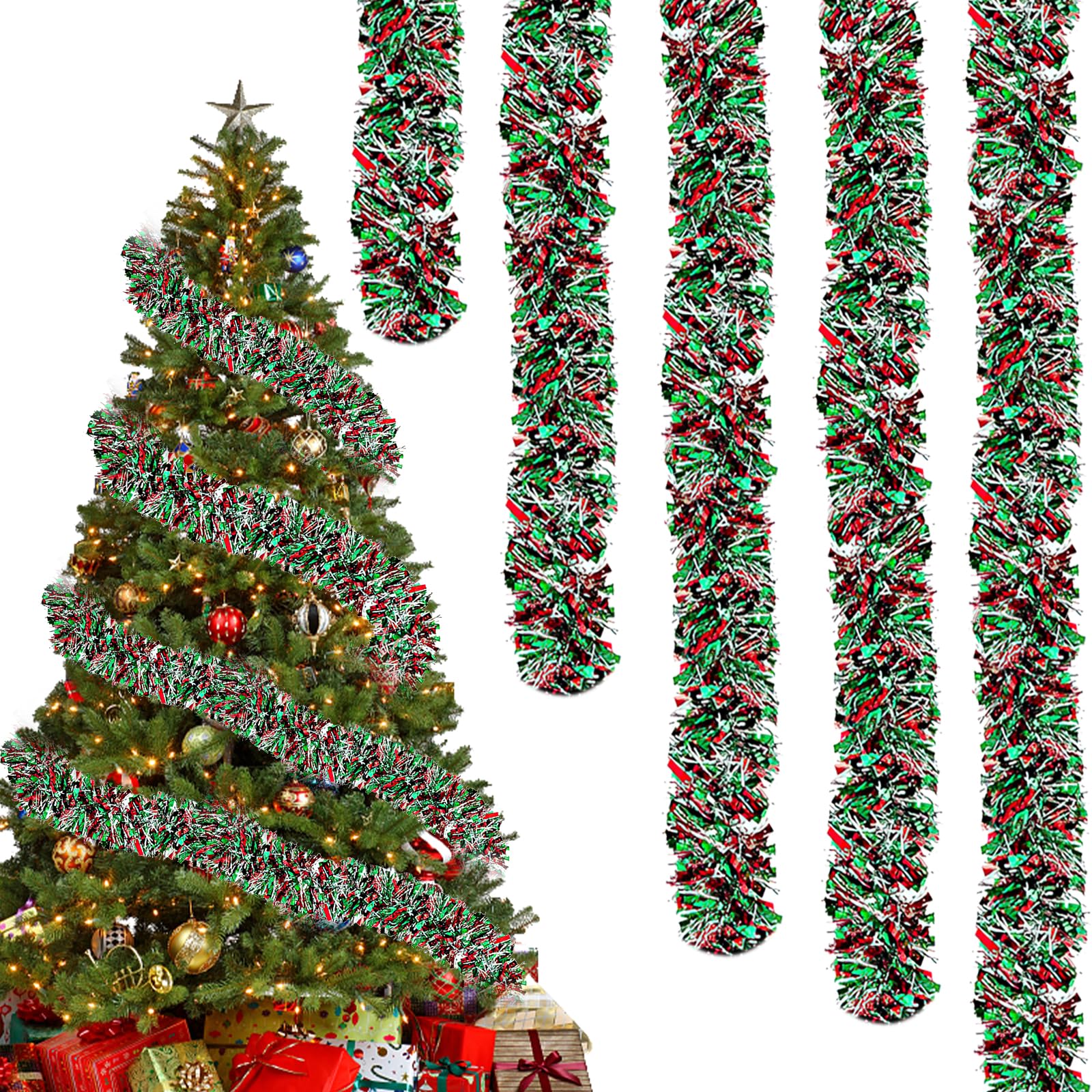 Qkeinv Red, Green, Silver 32.8 Feet Christmas Metallic Twist Tinsel Garland, Xmas Glitter Garland, Colorful Tinsel Garlands, Chunky Metallic Shiny Hanging Garlands For Christmas Tree Party Supplies (Red, Green, Silver)