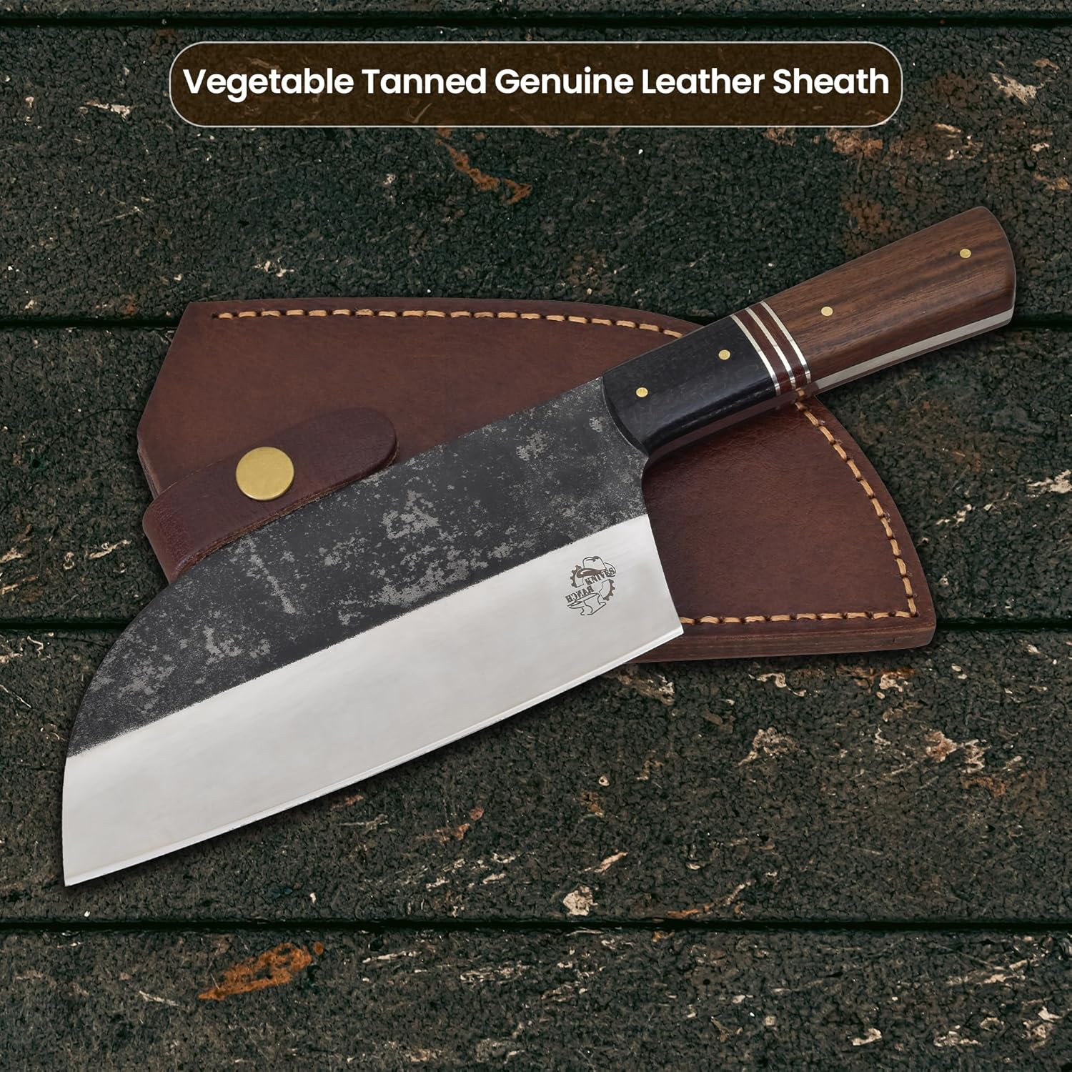 Knives Ranch Handmade Chef Knife, High Carbon Stainless Steel Blade, Roswood Handle, Genuine Leather Sheath