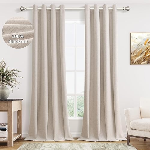 Miniatura 14 de Cream Linen Blackout Curtains 96 Length 2 Panels Set for Living Room Bedroom, 100% Black Out Thermal Insulated Linen Drapes, Room Darkening Grommet