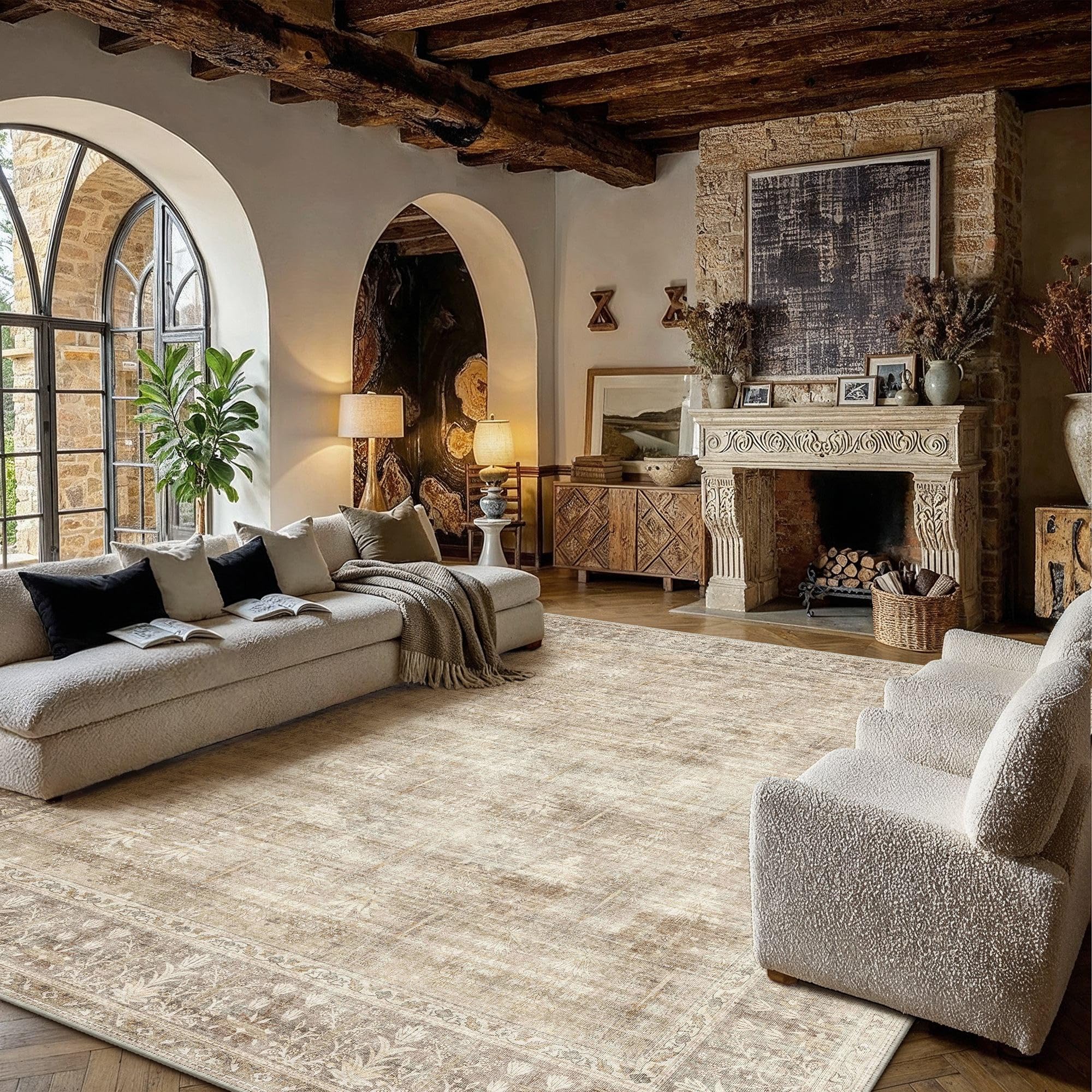 hugear retro 9x12 washable area rugs beige living room bedroom rug vintage distressed large throw carpet neutral stain resistant non slip & shedding low pile for home aesthetic decor
