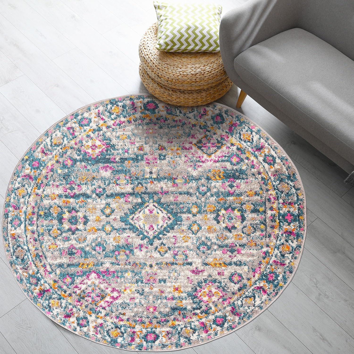 Mazovia Alfombras - Colorido Multicolor Moderno Étnico Alfombras para Salón, Dormitorio, Comedor, Despacho - Oeko-Tex - Redonda Oriental Alfombras Fácil de Limpiar - Gris Colorido - 120 x 120 cm