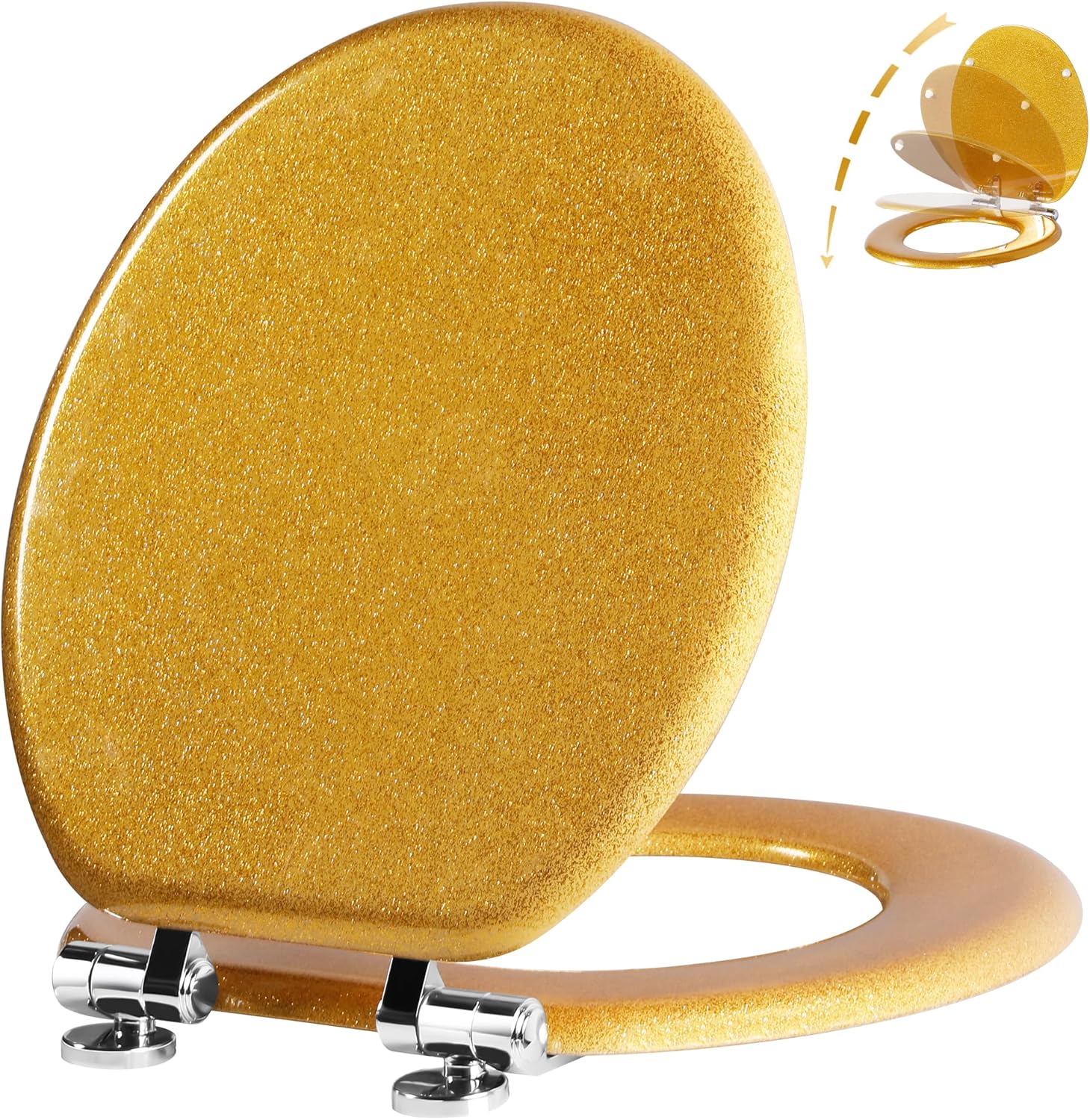 Angol Shiold Glitter Toilet Seat Molded Wood Round Toilet Seat with Quietly Close and Quick Release Hinges, Easy to Install also Easy to Clean (Round 16.5'', grey) Round 16.5‘’ grey