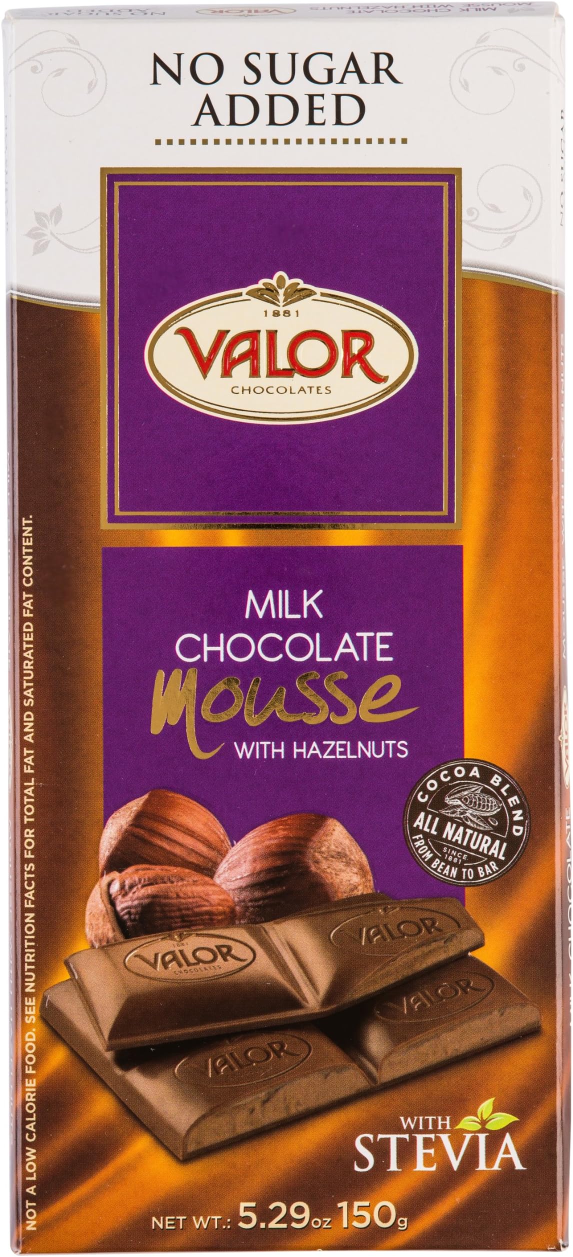 Valor Chocolates No Sugar Added Milk Chocolate with Hazelnuts Mousse, 5.3 Ounce