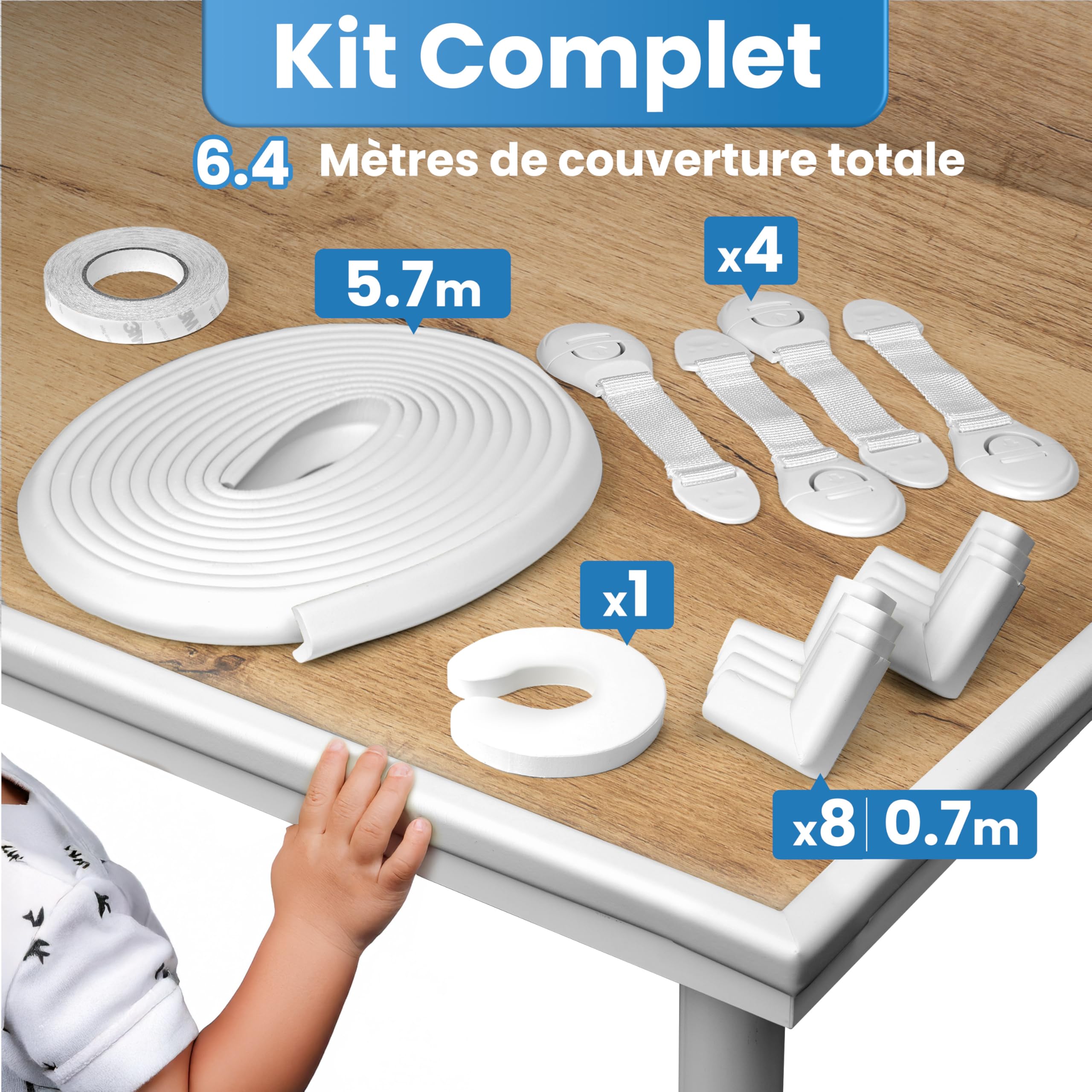 Happy Chlea Coin de Table Protection Bébé – 6,4 m Couverture Totale (Protection Bords et Angles + 8 Protège-Angles), Anti-Choc pour Meubles, 4 Bloque-Tiroirs + 1 Bloque-Porte Sécurité Enfant