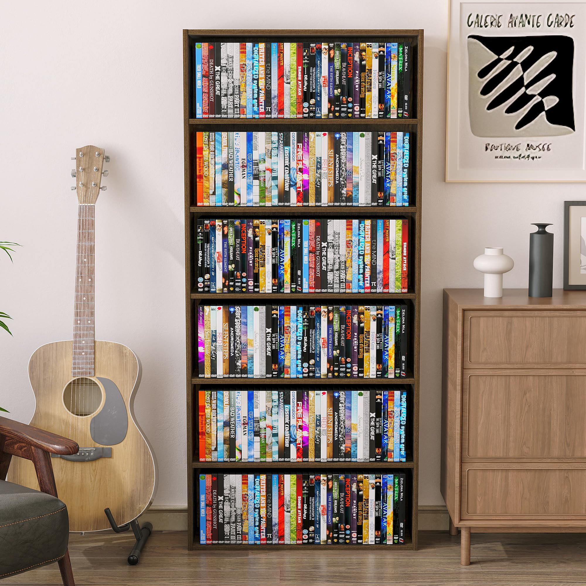 6 Tier DVD Storage Holder Shelf, 6 Tier CD Display Holder Stand with Six Storage Shelves, Six Tier Wooden Bookshelf for Bedroom, Living Room, 6.6" x 23.6" x 52.8", Brown