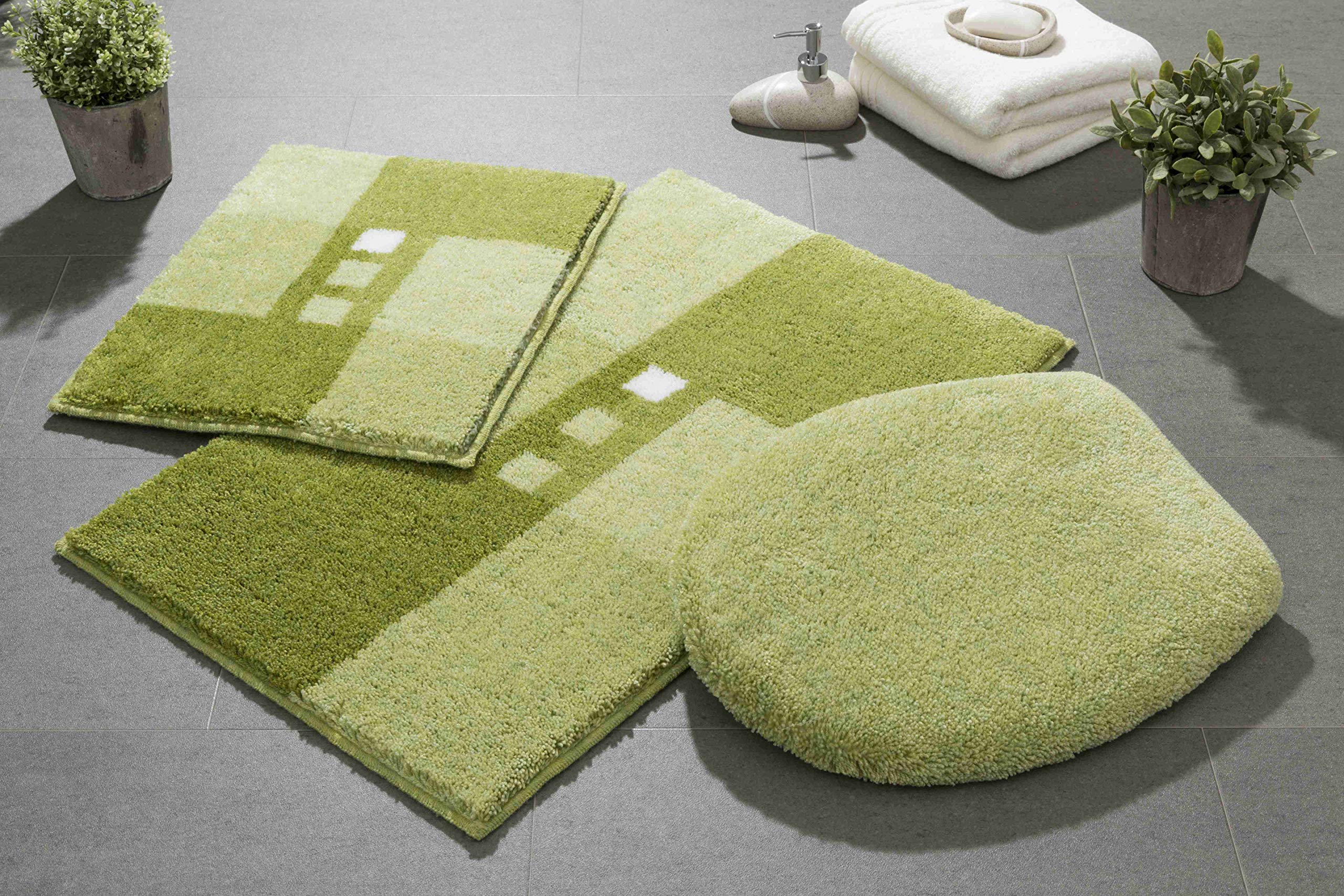 Linea Due Tapis de Bain 3D, Ultra Doux et Absorbant, Antidérapant, 5 Ans de Garantie, MERKUR, Set de 3 Pièces Couverture de WC, 40x50+50x80 cm, Vert