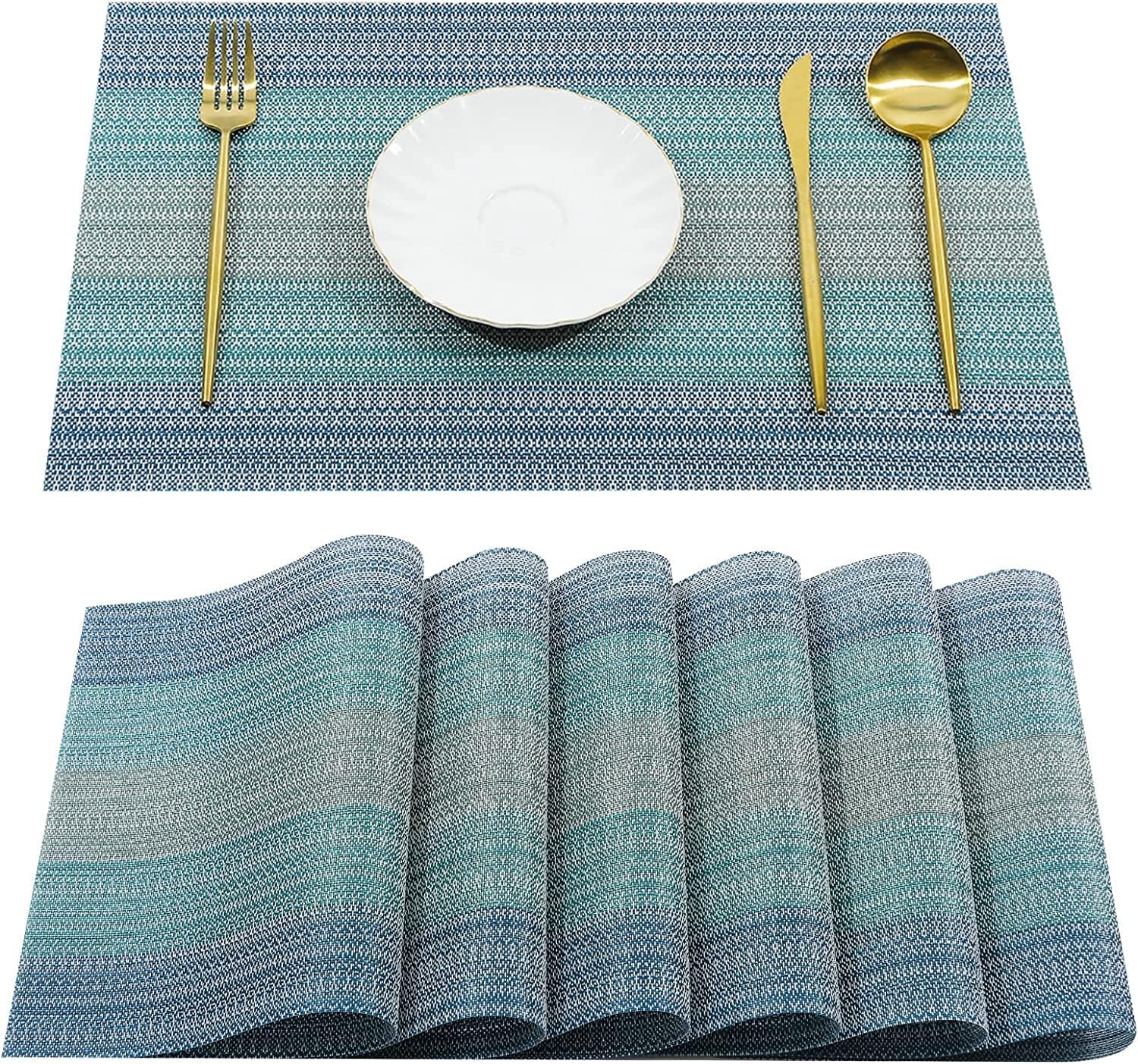 - Easy to Clean Non-slip Heat Resistant Dining Table Place Mats,PVC Tap Set Heat Resistant Placemats Stain-resistant,Washable Kitchen Dinner Table Place Mats,Easy To Dry (Ombre Blue, Set of 6pcs)