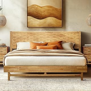 Acacia Elara Queen Platform Bed Frame – Solid Wood Bed with Headboard, Sculpted Spearhead Pattern, Natural Oak Finish, 800lbs Capacity, No Box Spring Needed, Mid-Century Style