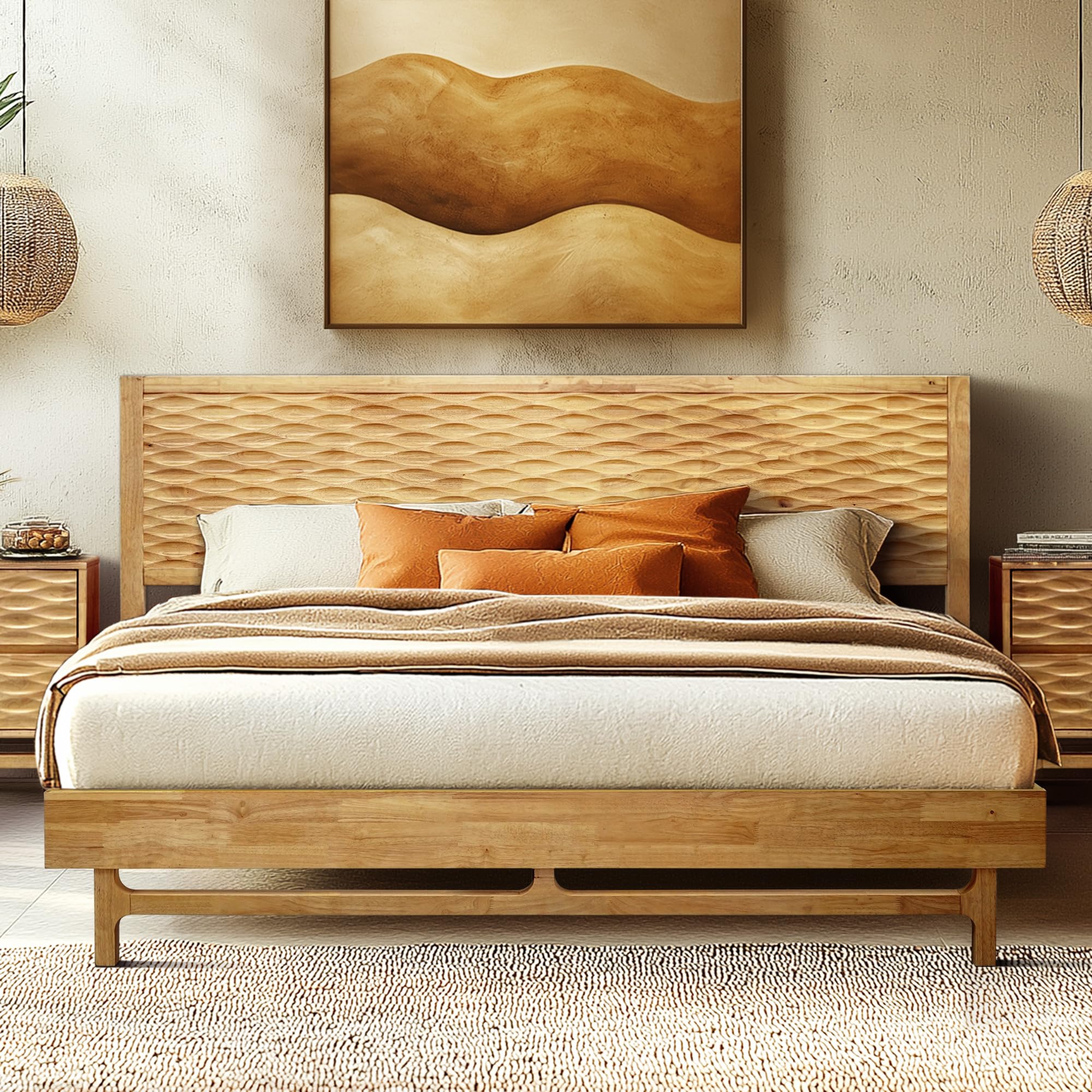 Acacia Elara Queen Platform Bed Frame – Solid Wood Bed with Headboard, Sculpted Spearhead Pattern, Natural Oak Finish, 800lbs Capacity, No Box Spring