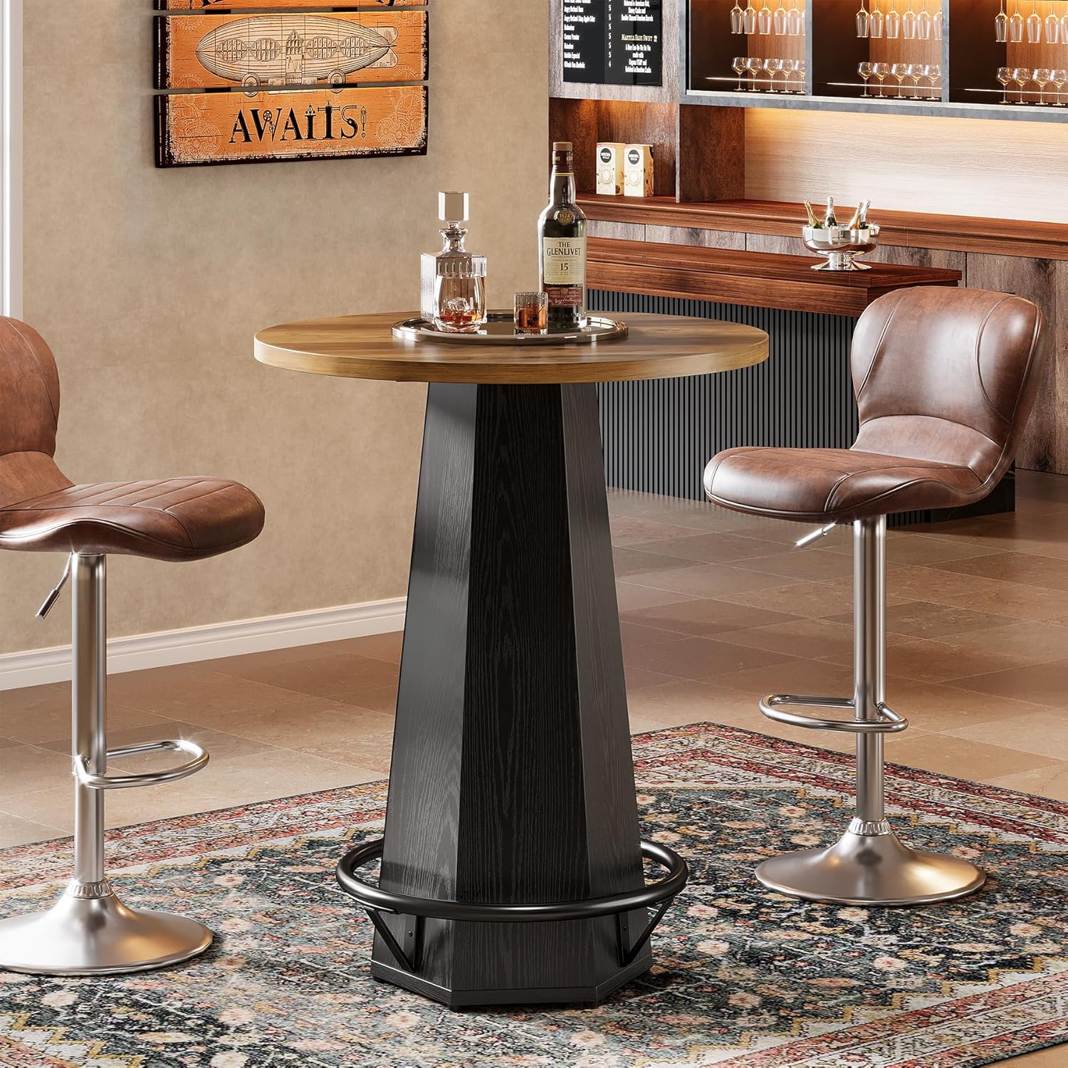 Tribesigns Round Bar Pub Table, 39.4" H Bistro Cocktail Table with Metal Footrest for Drinking & Gathering, Industrial Home Bar High Top Unit, Small Spaces, Brown & Black
