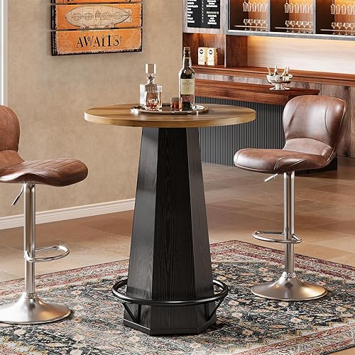 Tribesigns Round Bar Pub Table, 39.4" H Bistro Cocktail Table with Metal Footrest for Drinking & Gathering, Industrial Home Bar High Top Unit, Small Spaces, Brown & Black