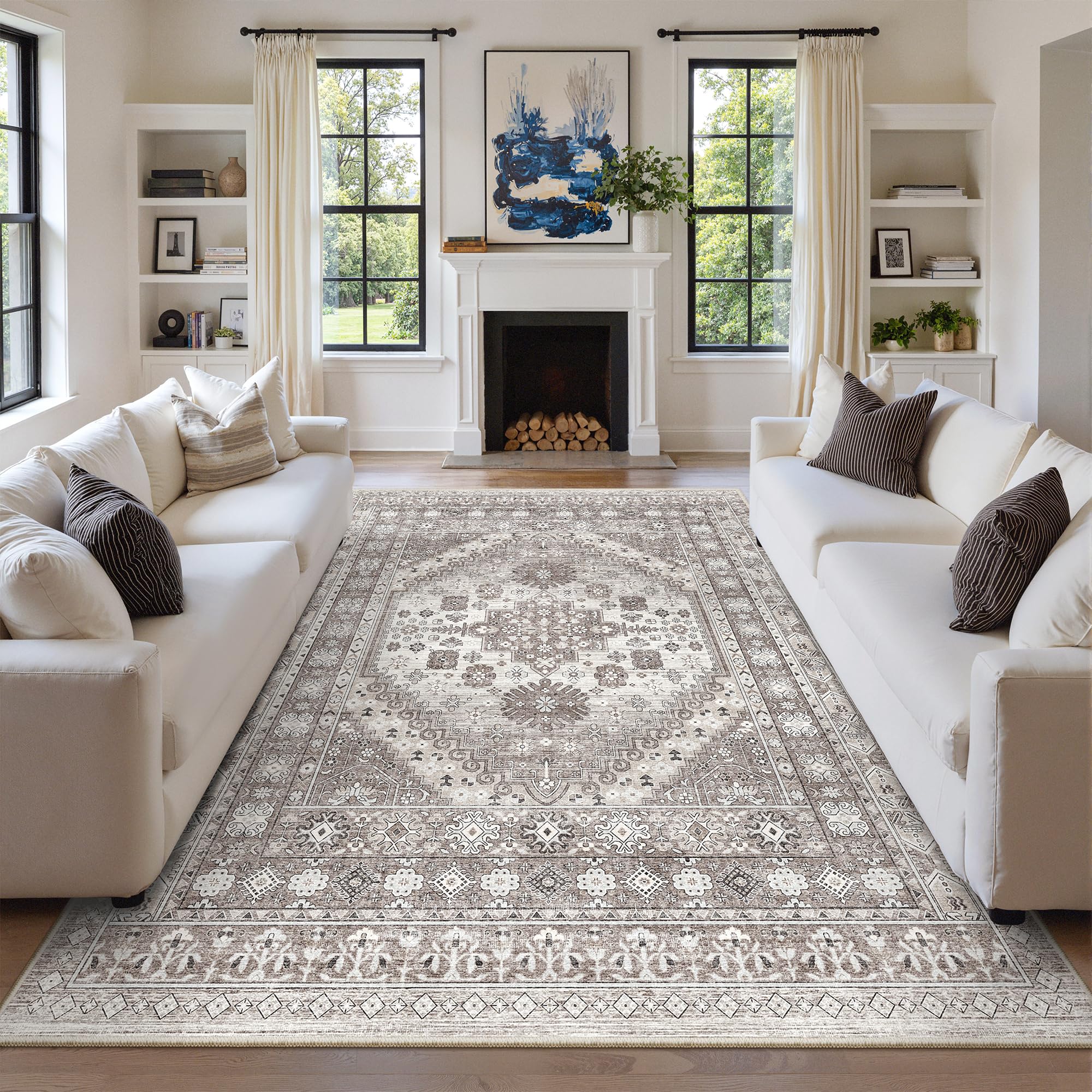 zesthome 8x10 Area Rugs for Living Room,Non-Slip Backing Washable Rugs,Vintage Large Area Rug，Stain Resistant Home Decor Rug (Brown/Beige,8'x10')
