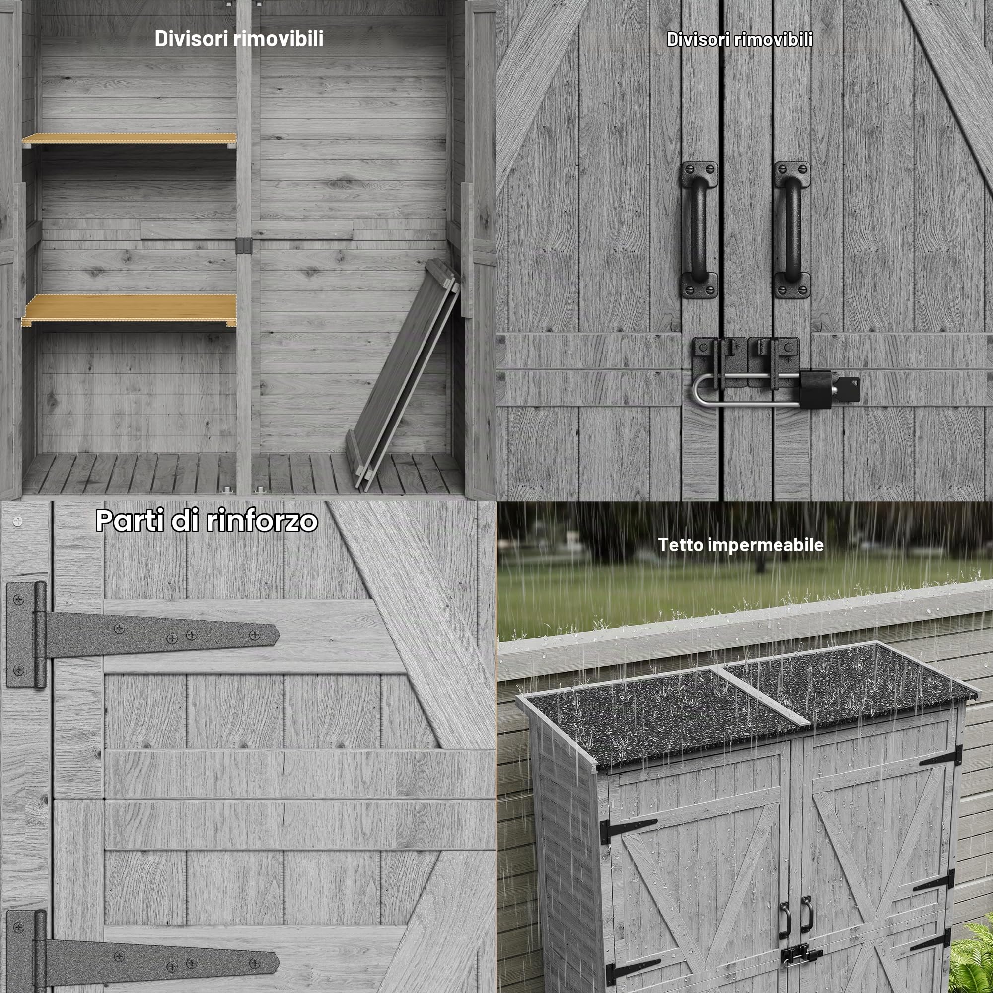 Casetta da Giardino Porta Attrezzi, Porta Attrezzi da Esterno,con 2 Porte,con ripiani regolabili e piano inclinato,140 x 50 x 162CM,Grigio