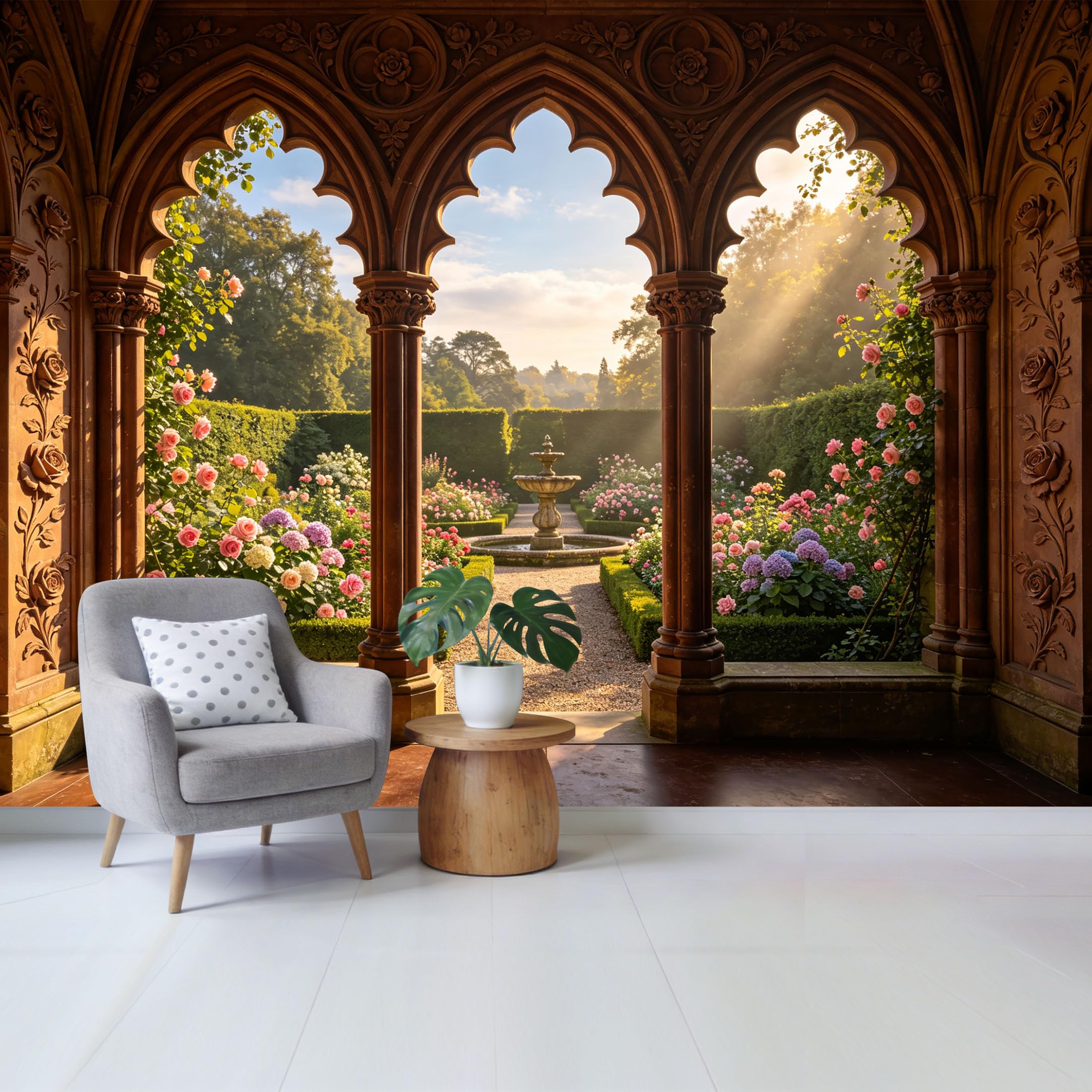 Custom Size Wall Mural Romantic Garden View Through Gothic Archway with Fountain and Roses Landscape Removable Self Adhesive Fabric Home Wall Decor for Living Room Bedroom Bathroom