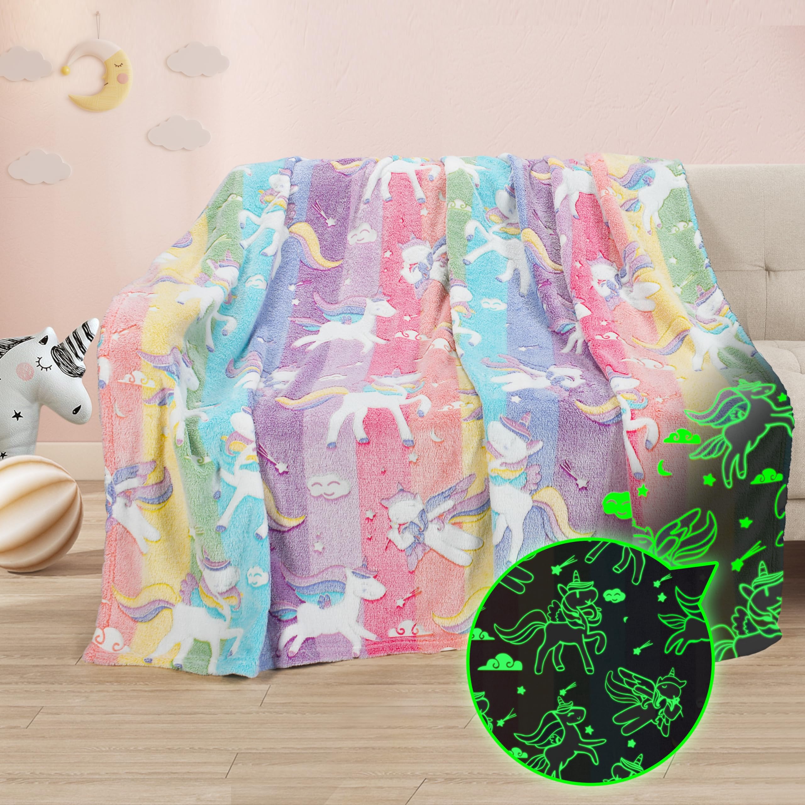 Coperta luminosa per bambini unicorno, Catalonia Classy, morbido pile soffice e accogliente per divano letto, caldo divano invernale per tutte le stagioni per bambini 150 x 130 cm