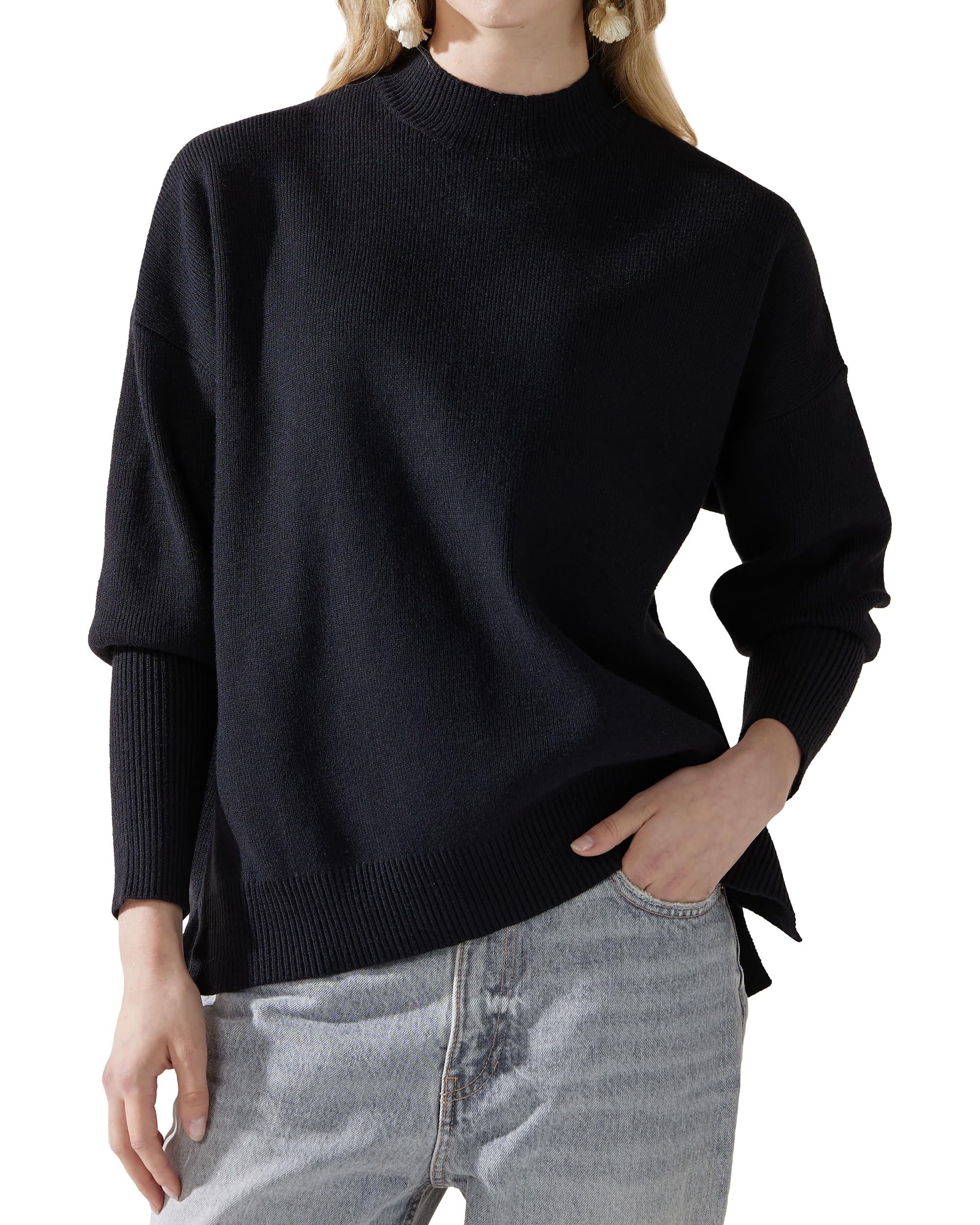noflik Womens Cozy Solid Classic Smooth Knit Long Ballon Sleeve Knit Sweater Tops