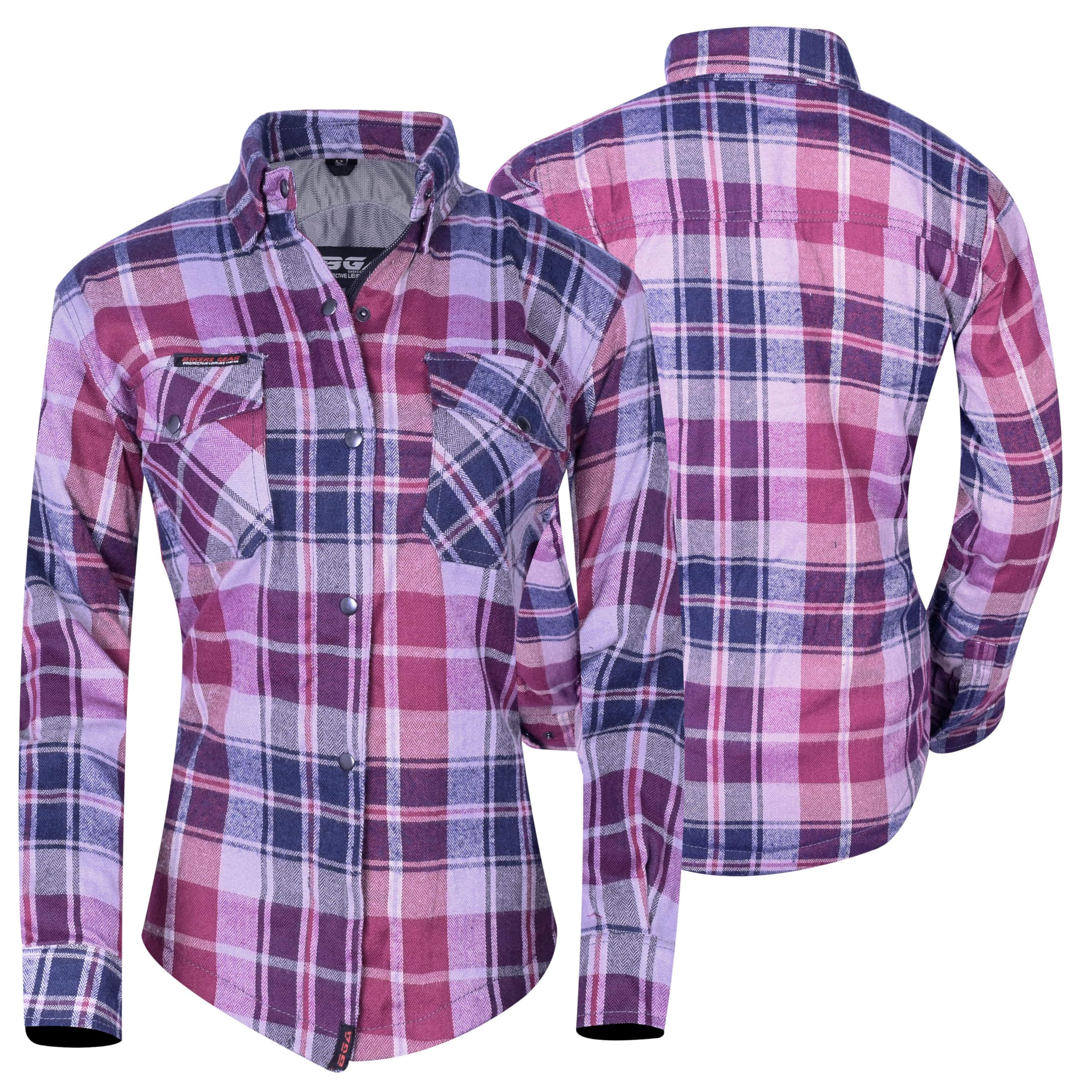BIKERS GEAR AUSTRALIA PHILLIP ISLAND BG Women's Motorcycle Shirt - Kevlar Armoured Shirt with CE Approved Armour, Regular Fit, Long Sleeve, Chk Pink, Size 22
