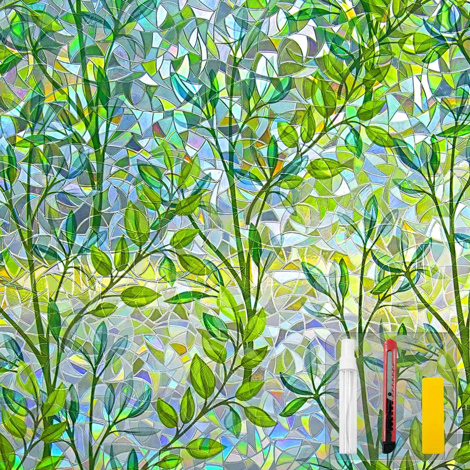 Countewol Window Privacy Film Stain Glass Window Film Rainbow Window Film Window clings Non-Adhesive Reusable Decorative for Room (Leaf Rainbow, 17.5 x 78.7 in)