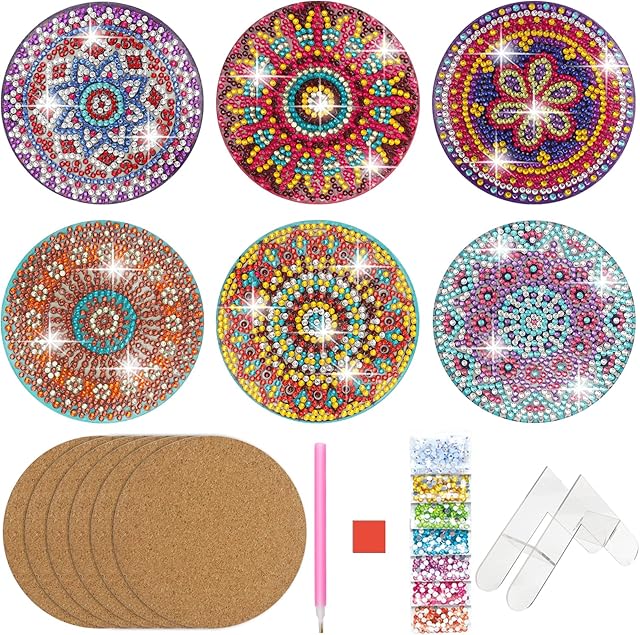 Diamond Art Coaster Set 6Pcs DIY Mandala Coasters Diamond Drink Coasters with Holder Full Drill Diamond Drinks Coasters Mandala Diamond Painted Coaster Set for Beginners Adults Kids Art Craft