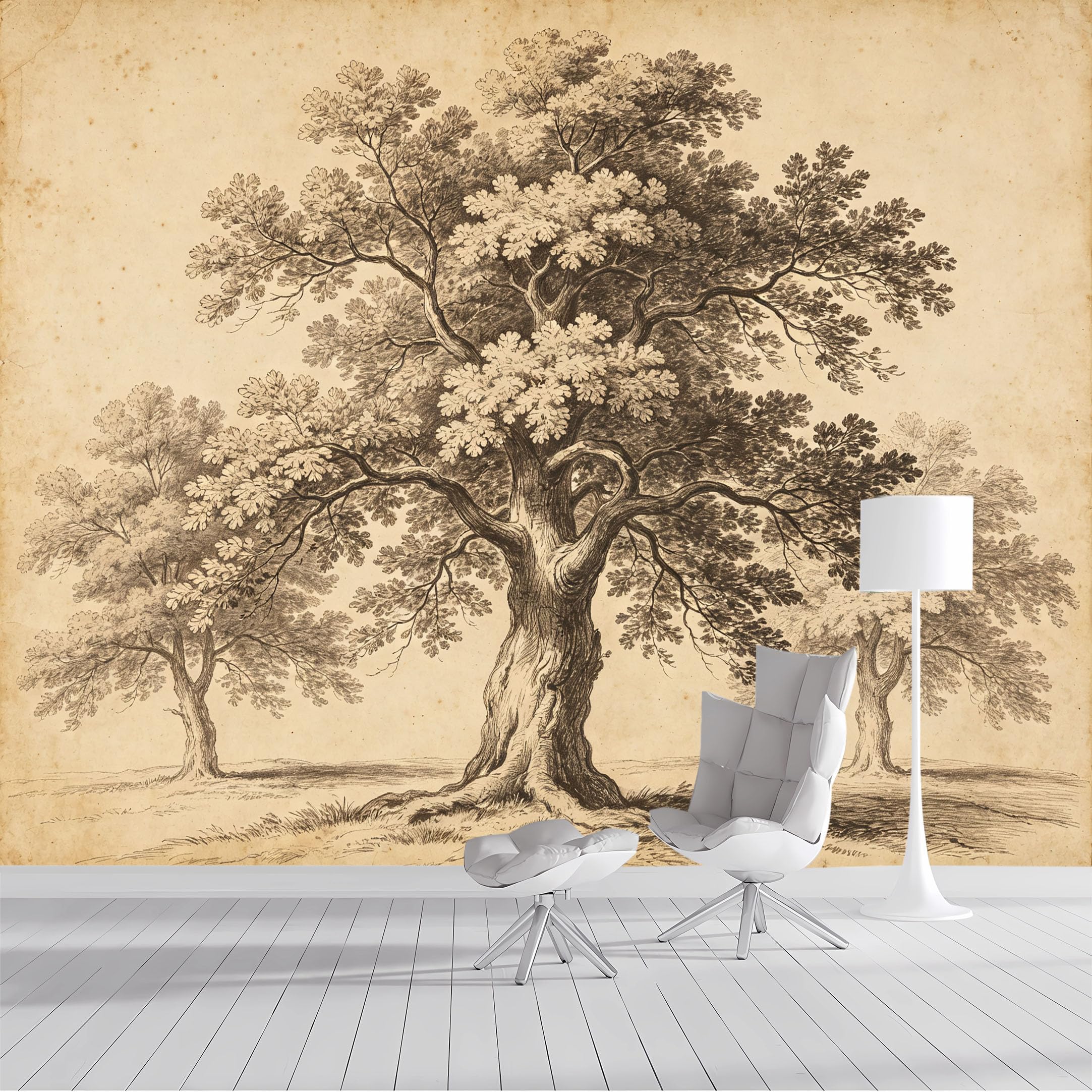 Custom Size Wall Mural Vintage Tree Sketch Pastoral Rustic Ink Art SelfAdhesive Wall Fabric Removable Peel and Stick Wallpaper Wall Decor for Living Room Bedroom Bathroom