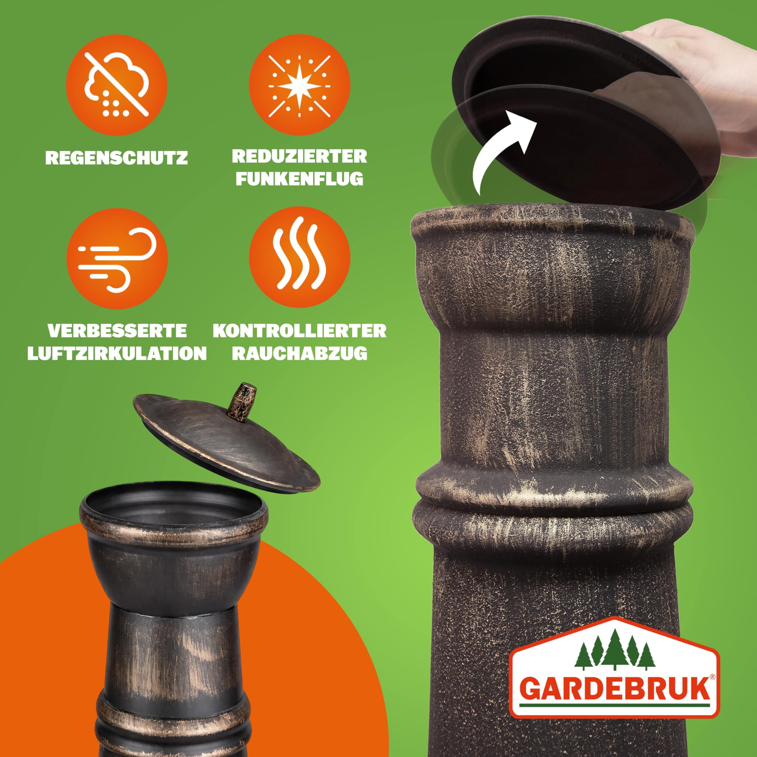 GARDEBRUK Terrassenofen Gusseisen 28kg Funkenschutz | Holz, 112cm, Garten, Terrasse, Outdoor, Wetterfest, Feuer, Kamin