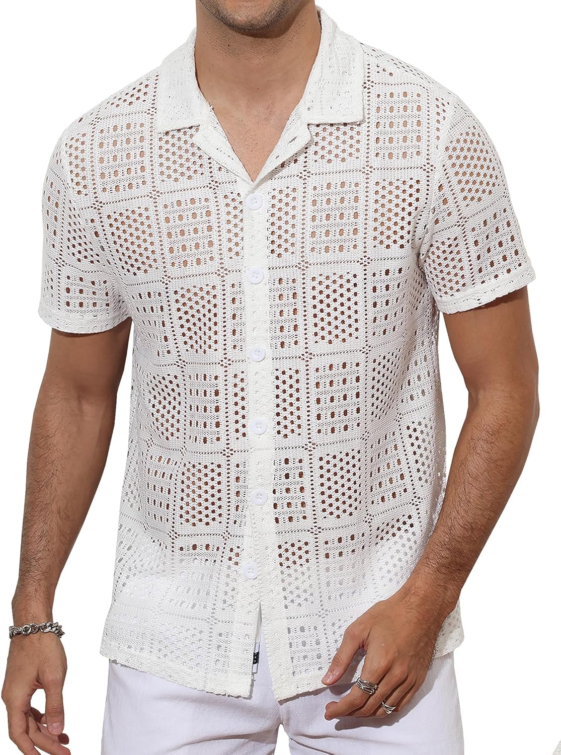 Mens Lace Shirt See Through Hollow Out Sheer Casual Short Sleeve Button Down Beach Shirts - Image 6