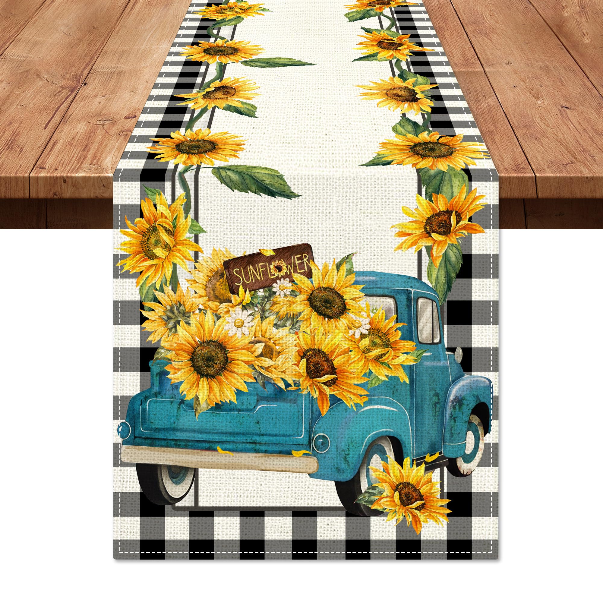 Hexagram Sunflower Table Runners 13x72 Inches, Farmhouse Table Runner for Kitchen , Burlap Table Runner for Spring/Summer/Fall Decor