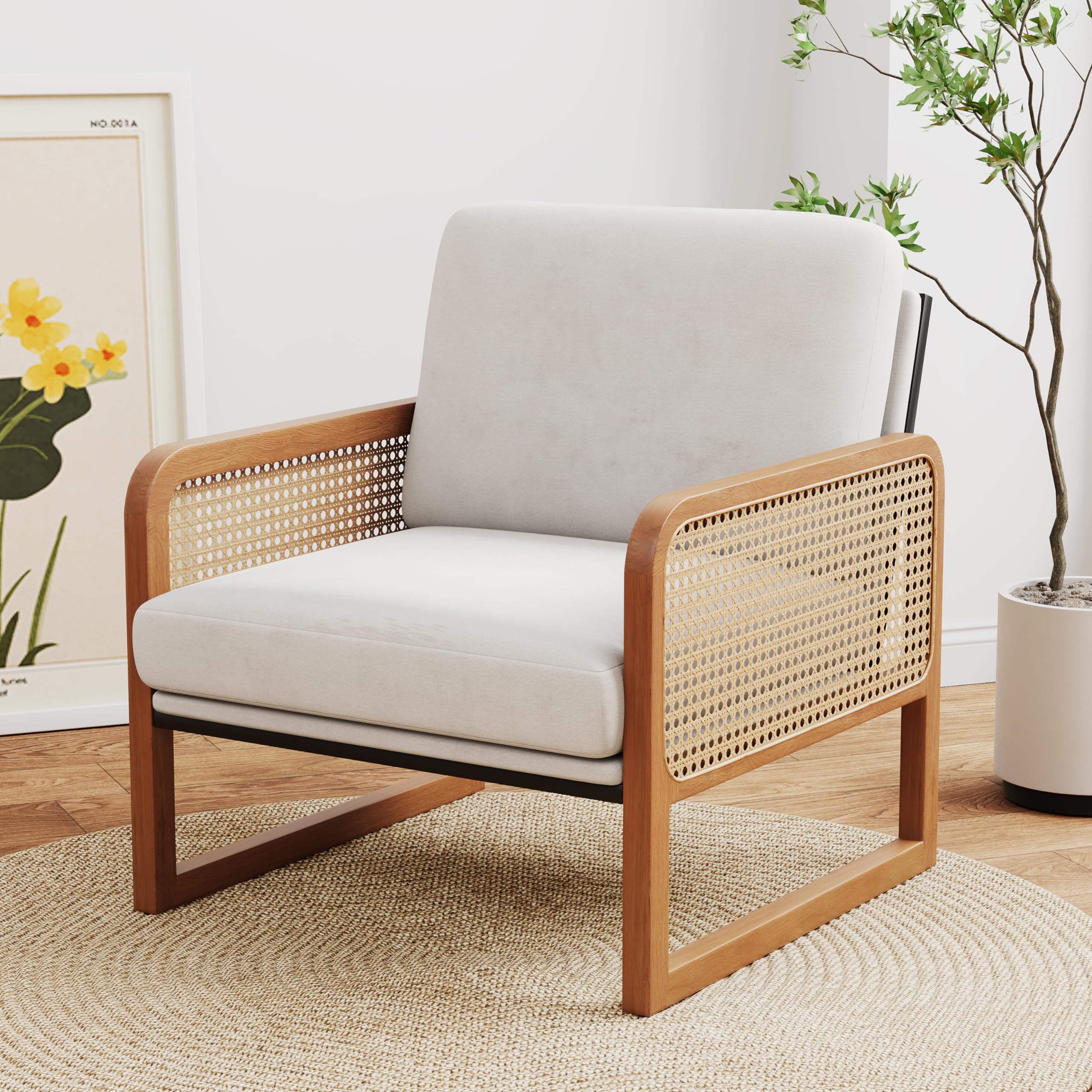 HAOBO HomeAccent Chair Natural Rattan Armchair Mid Century Modern Chair Upholstered Living Room Chairs Comfy Lounge Chair for Bedroom Reading Room