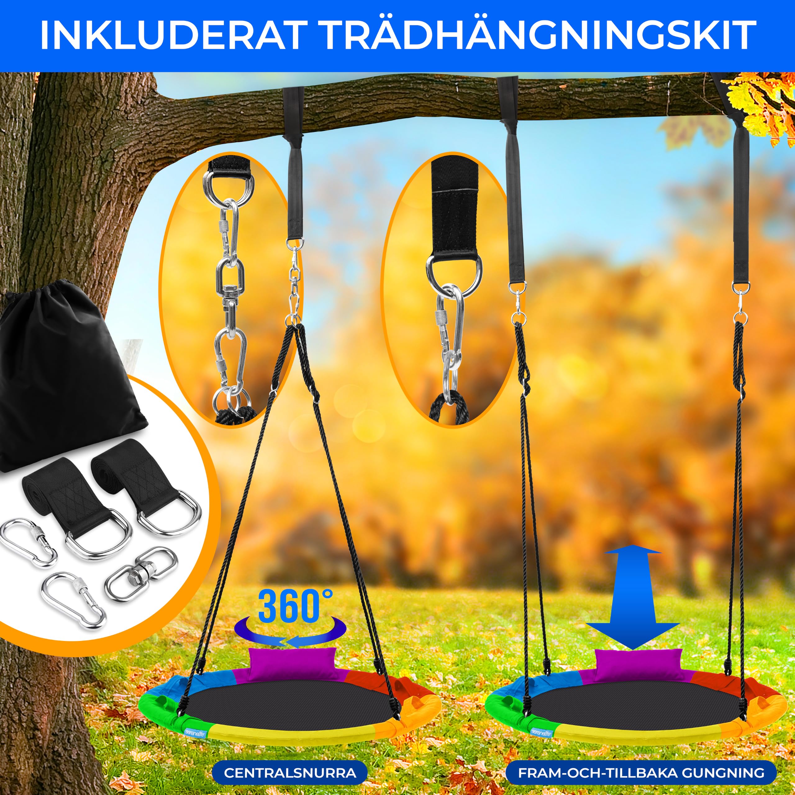 SereneLife 40" Saucer Swing - Outdoor Swing Set with Universal Hanging Kit, Swinging Seat Spinner with Pillow & Carry Bag, Weatherproof, Water-Resistant, Supports Up to 700 lbs, Rainbow