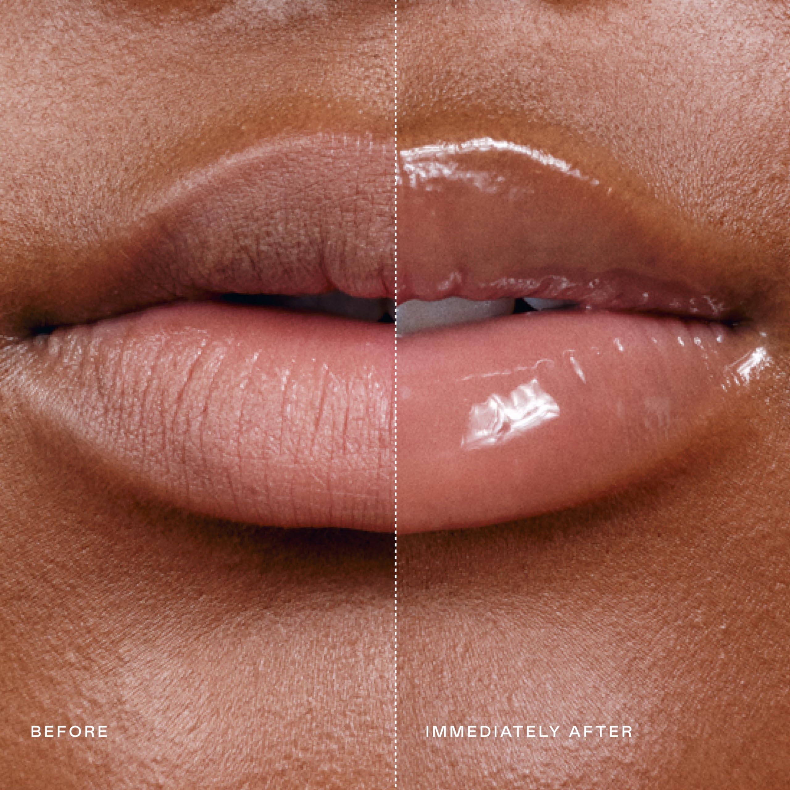 Close-up of the EADEM Le Chouchou Lip Softening Balm in Butter Mochi, highlighting its clear, glossy texture and the metallic applicator.