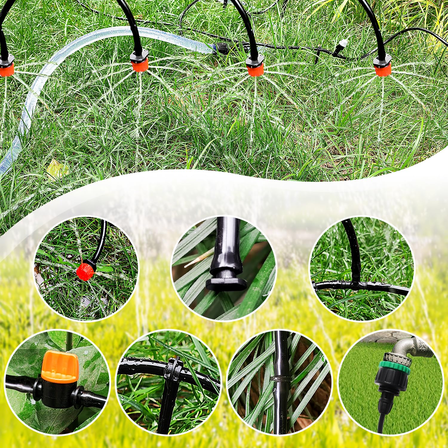 VooGenzek 86 Sztuk 4/6 mm Zestaw do Nawadniania, Wąż Nawadniający 15m, DIY System Nawadniania Ogrodu, z Proste Złącza z Zadziorami, Trójnikiem, Zatyczką Końcową Węża, do Trawnika