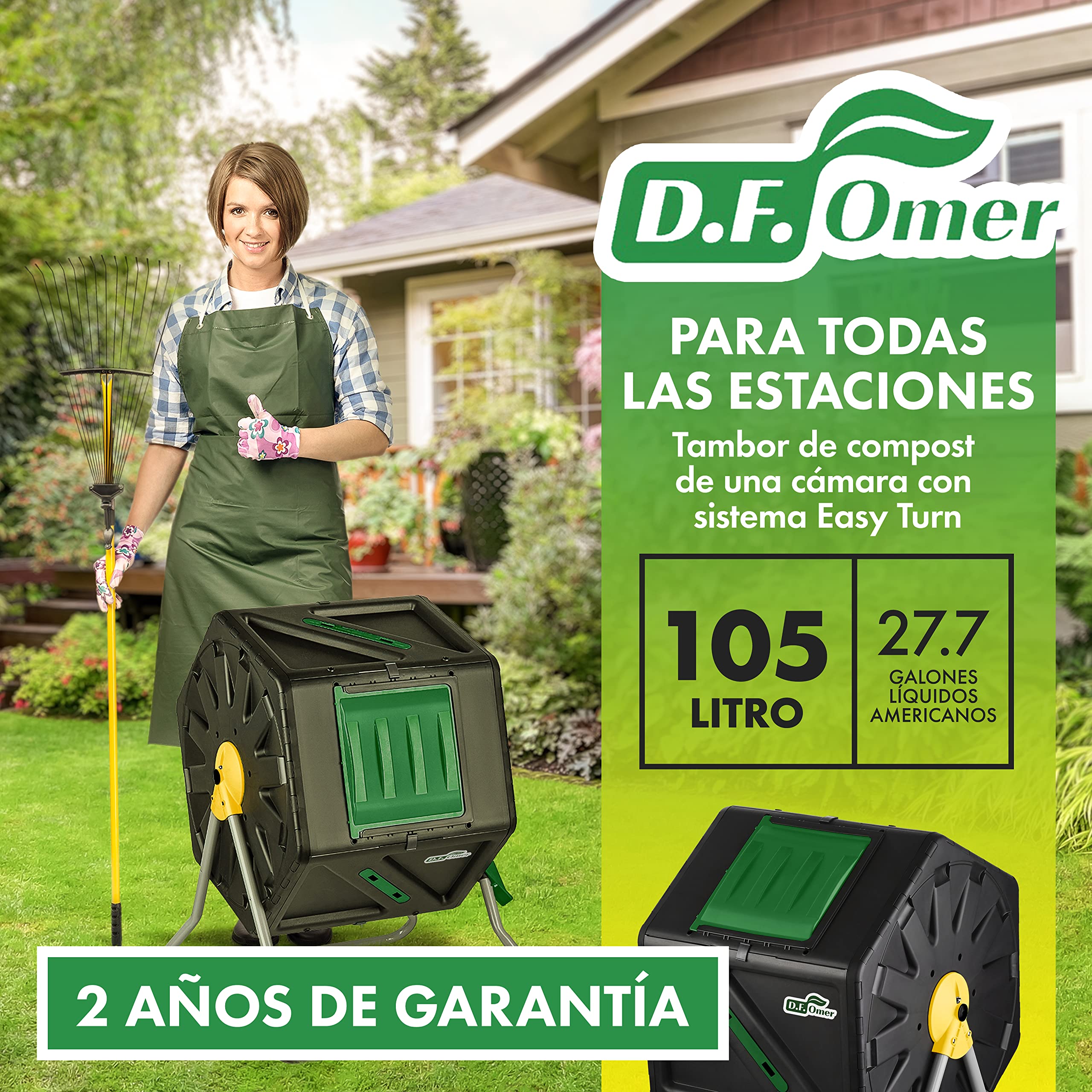DF OMER Contenedor De Compostaje De Una Cámara para Jardín Al Aire Libre - Diseño Compacto Capacidad De 105L - Compostador De Barril con Tambor Rodante Resistente