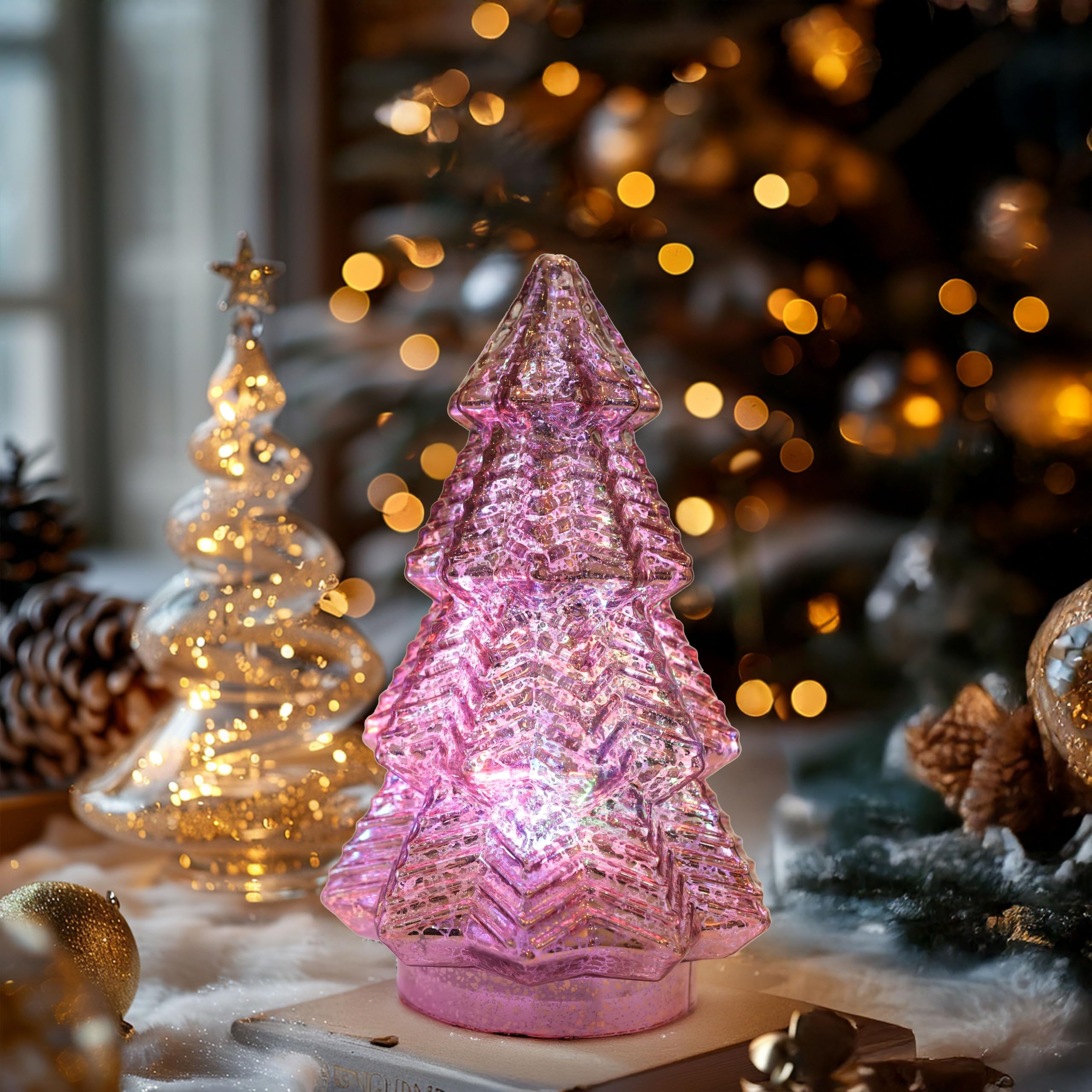 hvfun Albero di Natale a LED in vetro con design a onda, luci rotanti a 7 colori, 6 funzioni timer, centrotavola a batteria, argento