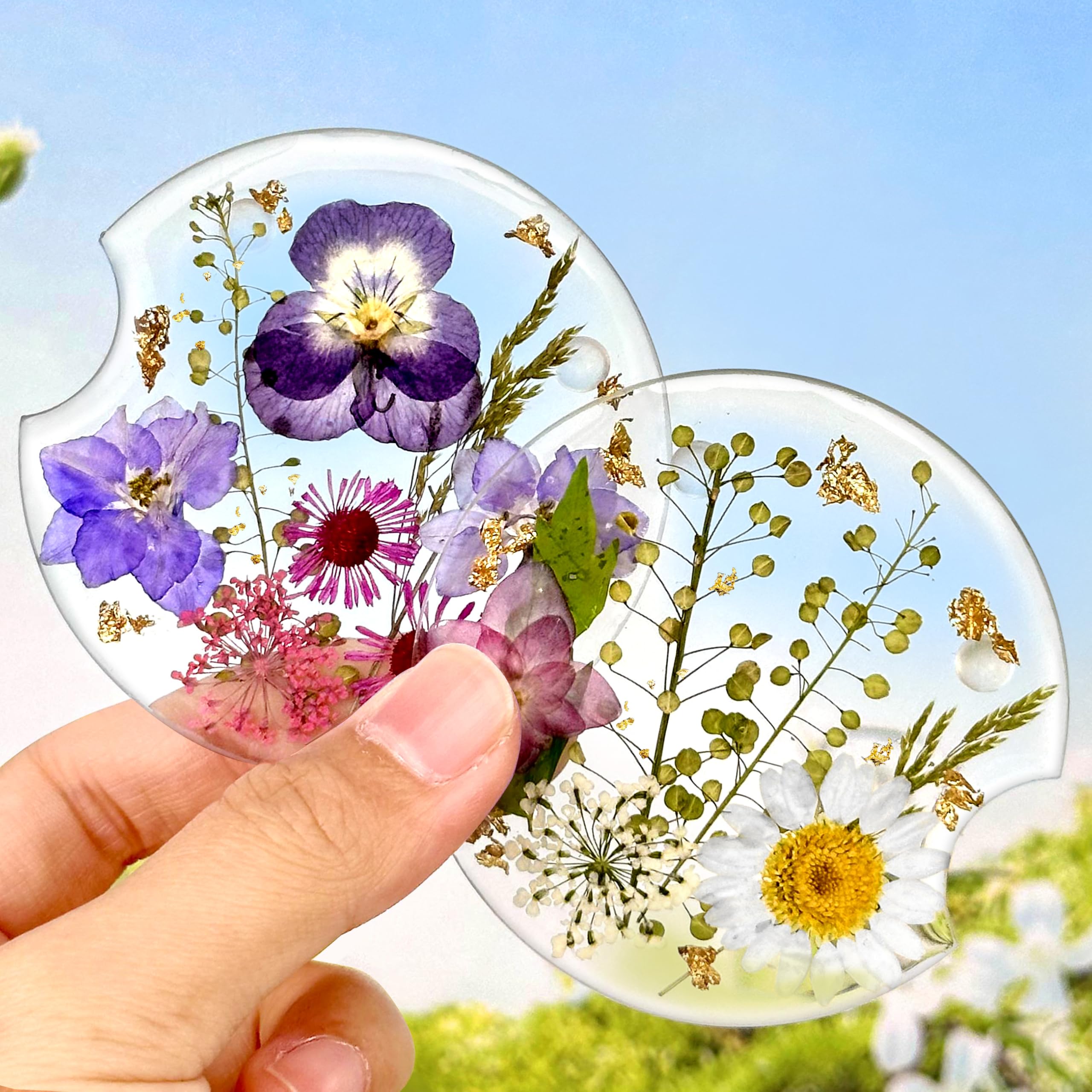 Swooflia Flower Car Cup Holder Coasters for Women - 2.75 Inch Cute Resin Clear Automotive Drink Cupholder Insert Car Accessories 2 Pack White Purple