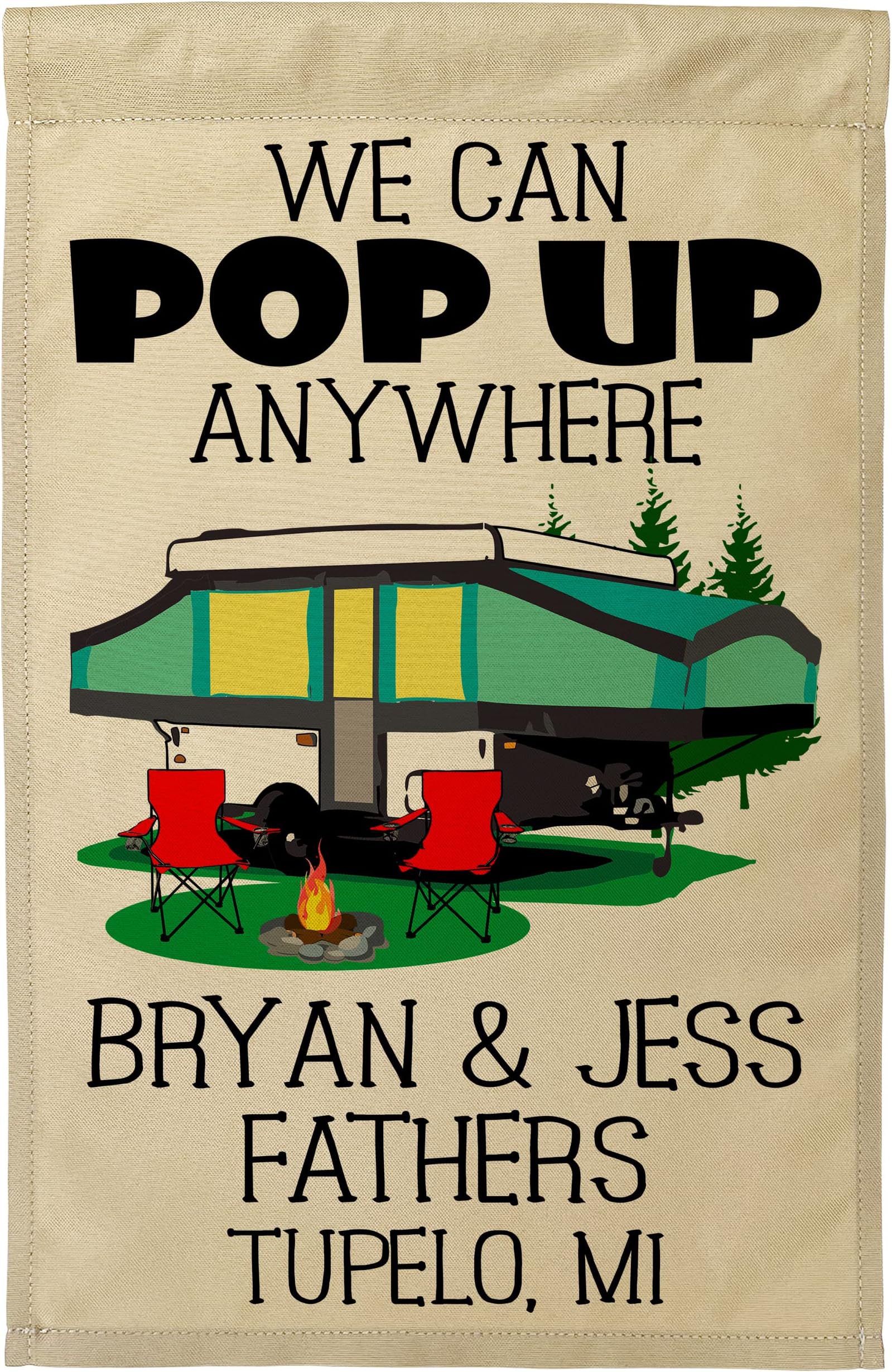 Personalized Pop-up Camper Campsite Flag, Green (12.5x18 inches, Tan Fabric, 3 Lines Custom Text)