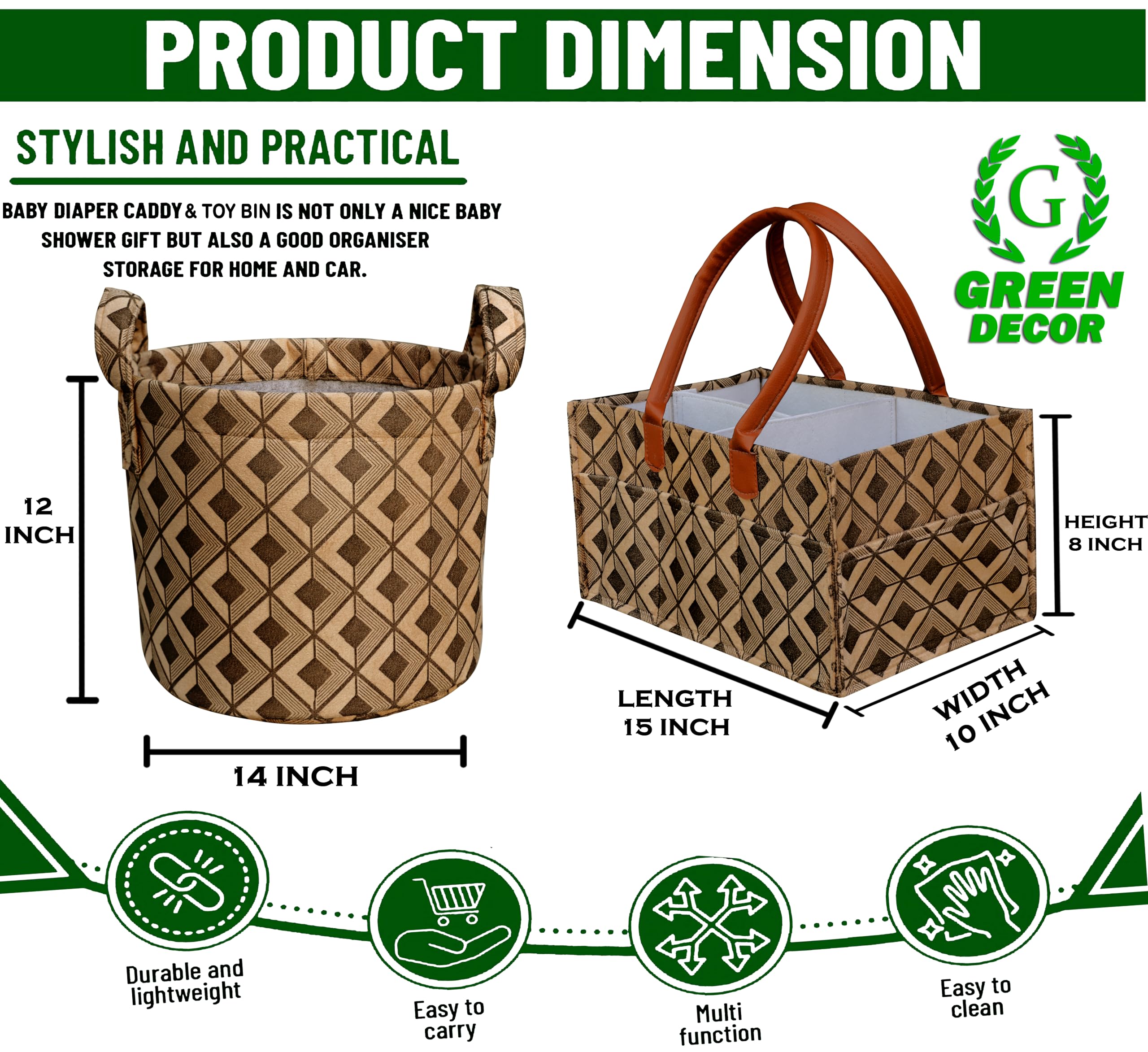 GREEN DECOR - Non Woven Fabric 2 IN 1 Designer Diaper Caddy & Toy Bin With Handles Combo for Smart Mothers Newborn Baby Products Unbreakable Toy Bins Foldable & Portable (Square Check Print, Brown) - Image 2 thumbnail